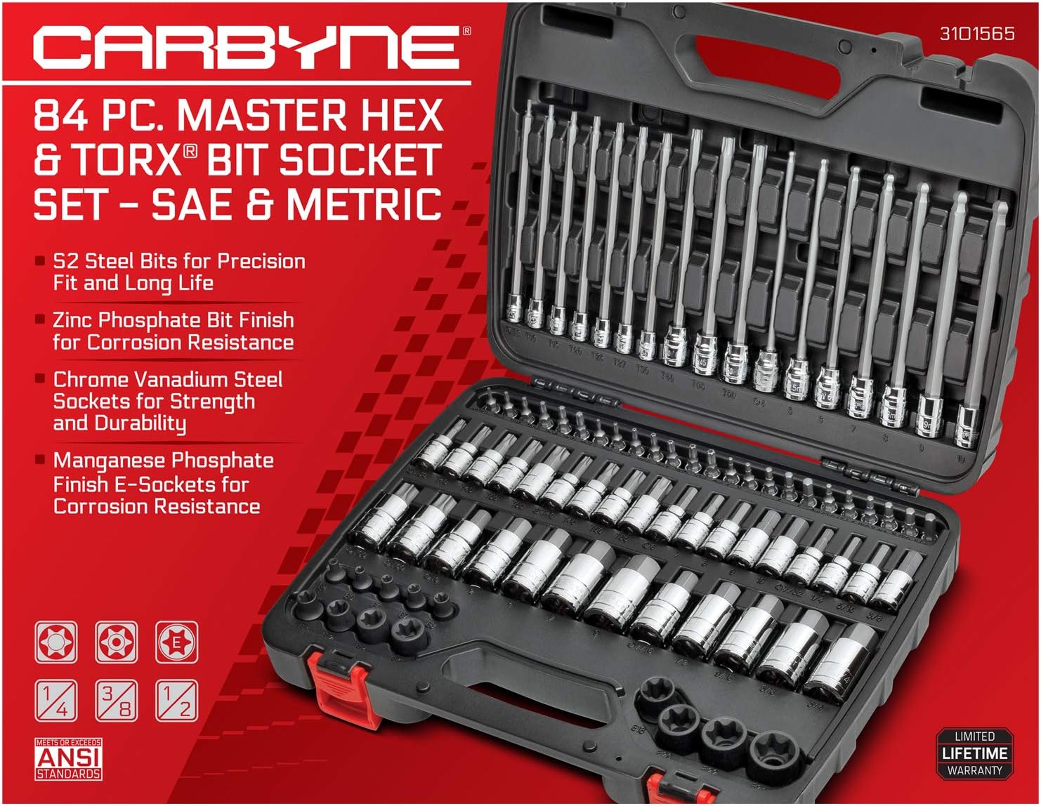 CARBYNE 84-Piece Master Hex & Torx Bit Socket Set & External-Torx Socket Set | S2 Steel Bits, CrV Steel Sockets, Corrosion Resistance, Durable Case | 1/4', 3/8' & 1/2' Dr.