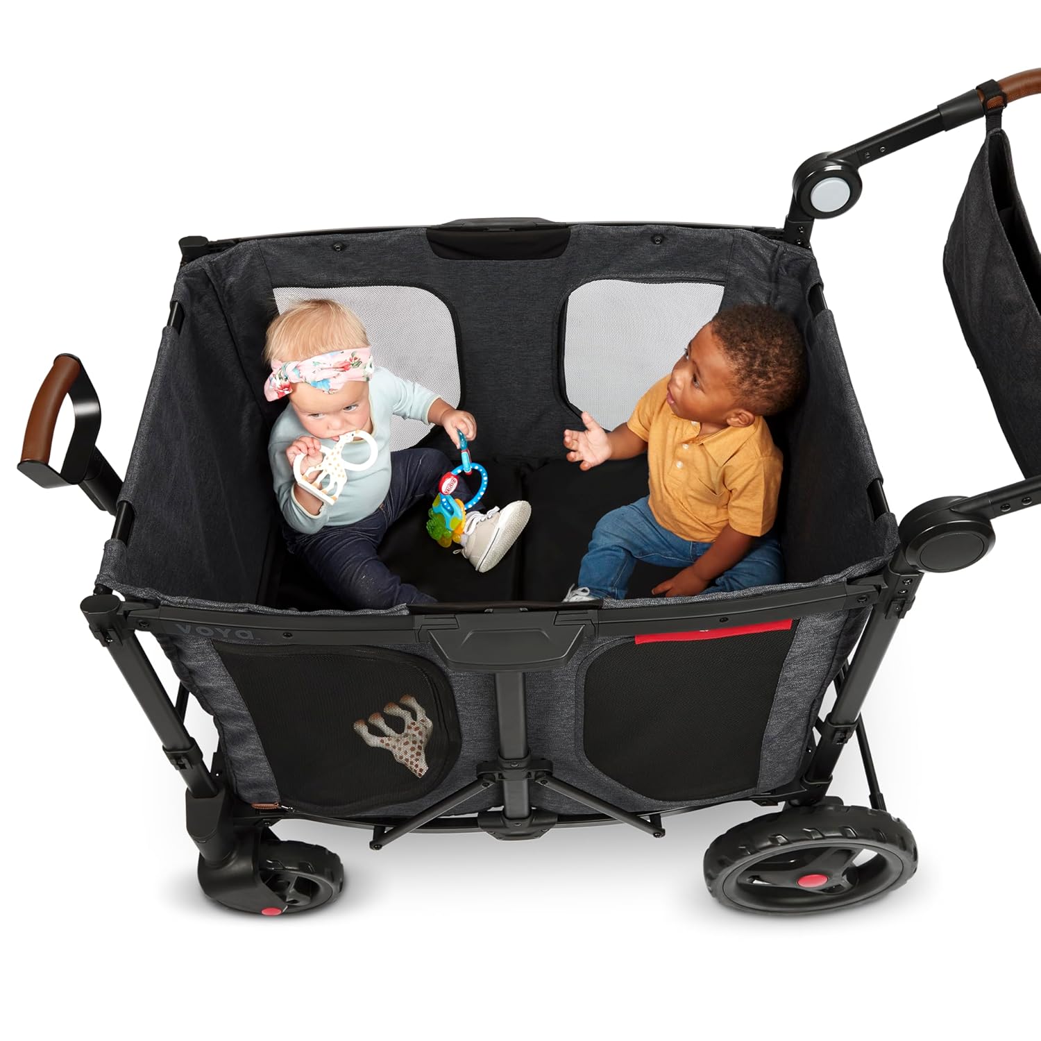 Radio Flyer Voya XT Quad Stroller Wagon, for Ages 6+ Months, Extra Tall Sides, Push or Pull, 4 Seats, Dual Sun Canopies, Compact Fold, Storage Space, 5-Point Harnesses, Stroller Wagon for Kids