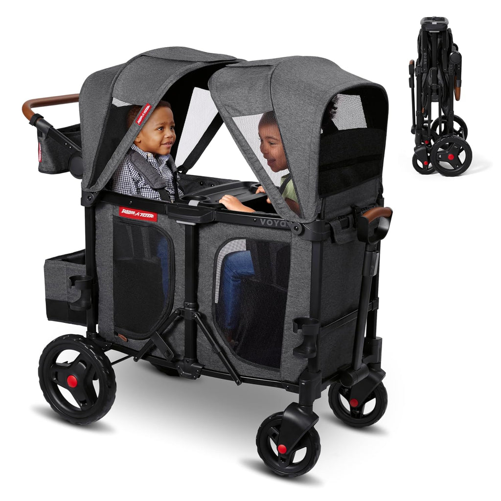 Radio Flyer Voya Stroller Wagon, for Ages 6+ Months, Extra Tall Sides, Push or Pull, 2 Seats, Dual Sun Canopies, Compact Fold, Lightweight, Storage Space, 5-Point Harnesses, Stroller Wagon for Kids
