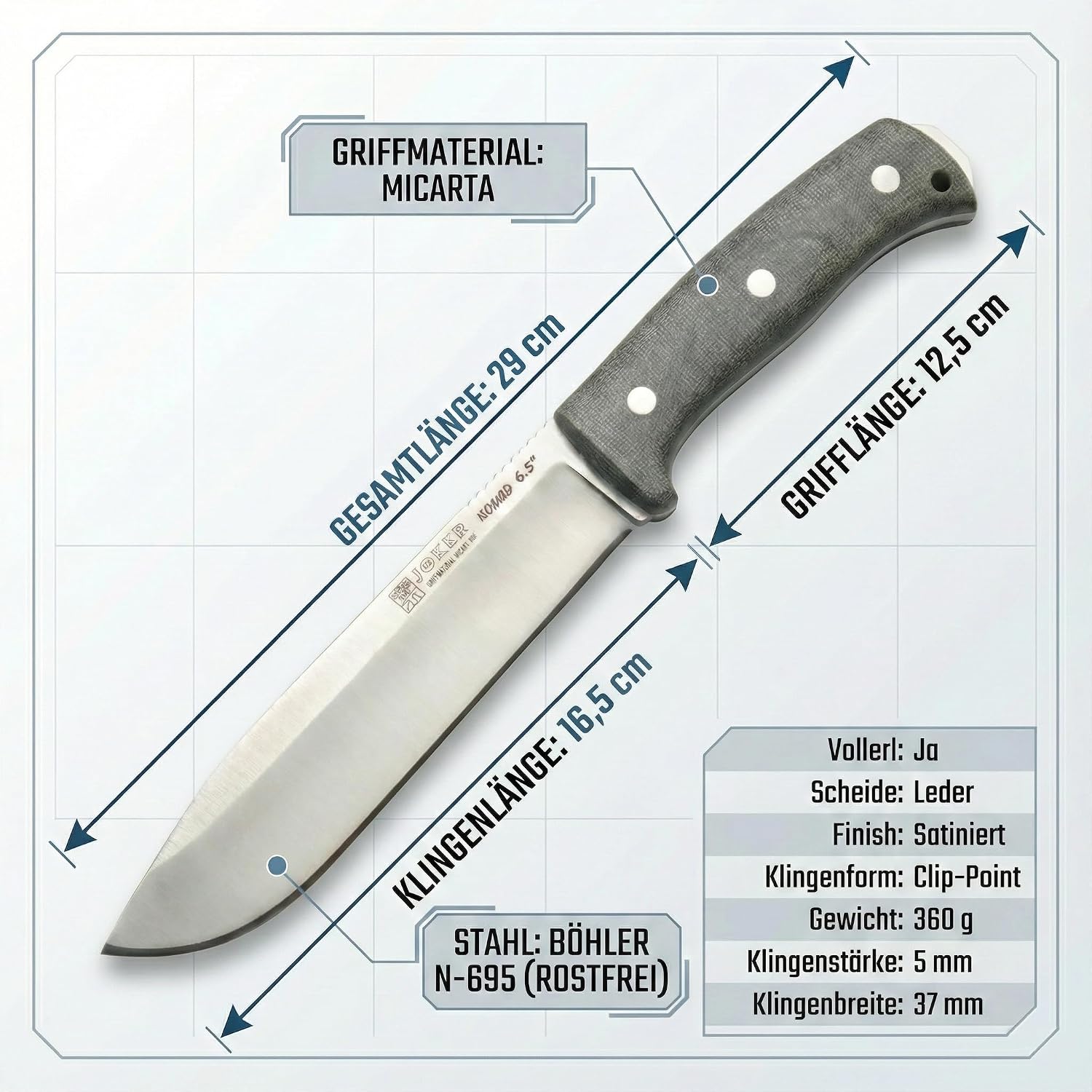 Joker Nomad 6.5 CV137 Survival Knife, 6.5 in Böhler N695 Steel Blade, Green Canvas Micarta Handle, Black Leather Sheath, Made in Spain, for survival kits, camp tasks, trail work and fishing trips