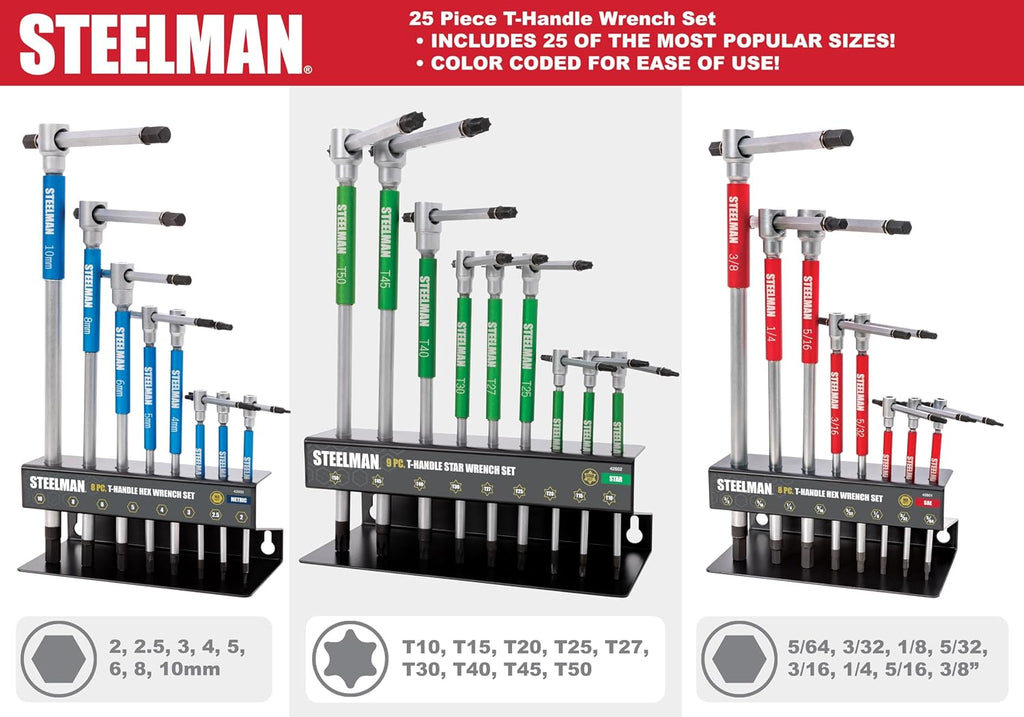 Steelman 25-Piece T-Handle Allen Hex/Star Wrench Set, Free Spinning Grip Sleeve, Sliding Handle for Access, Precision Machined Tips, with Storage Trays, for Bicycle, Auto, Moto, Small Engine (4260X)