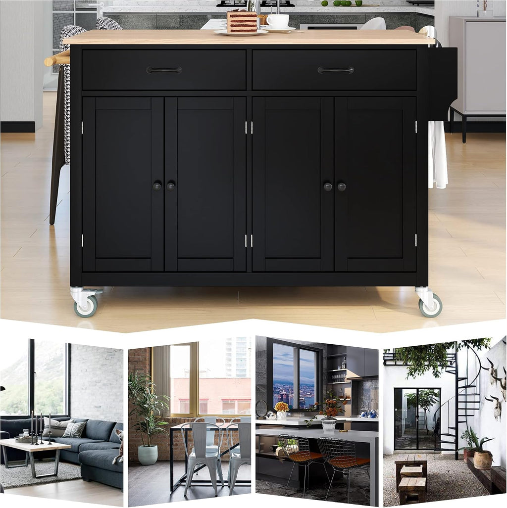 Merax 54.3' Width Kitchen Island with Storage, Rolling Kitchen Storage Islands with 4 Door Cabinet & 2 Drawers, Kitchen Cart with Solid Wood Top, Lockable Wheels, Spice Rack, and Towel Rack, Black