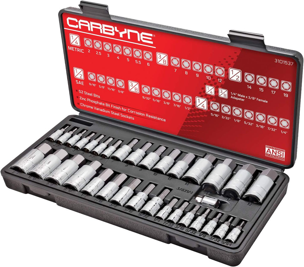 CARBYNE 33-Piece Master Bit Socket Set, SAE & Metric Hex (Allen) Bit Sockets, S2 Steel, 1/4', 3/8' & 1/2' Drive for Automotive, Motorcycle & Furniture Repair