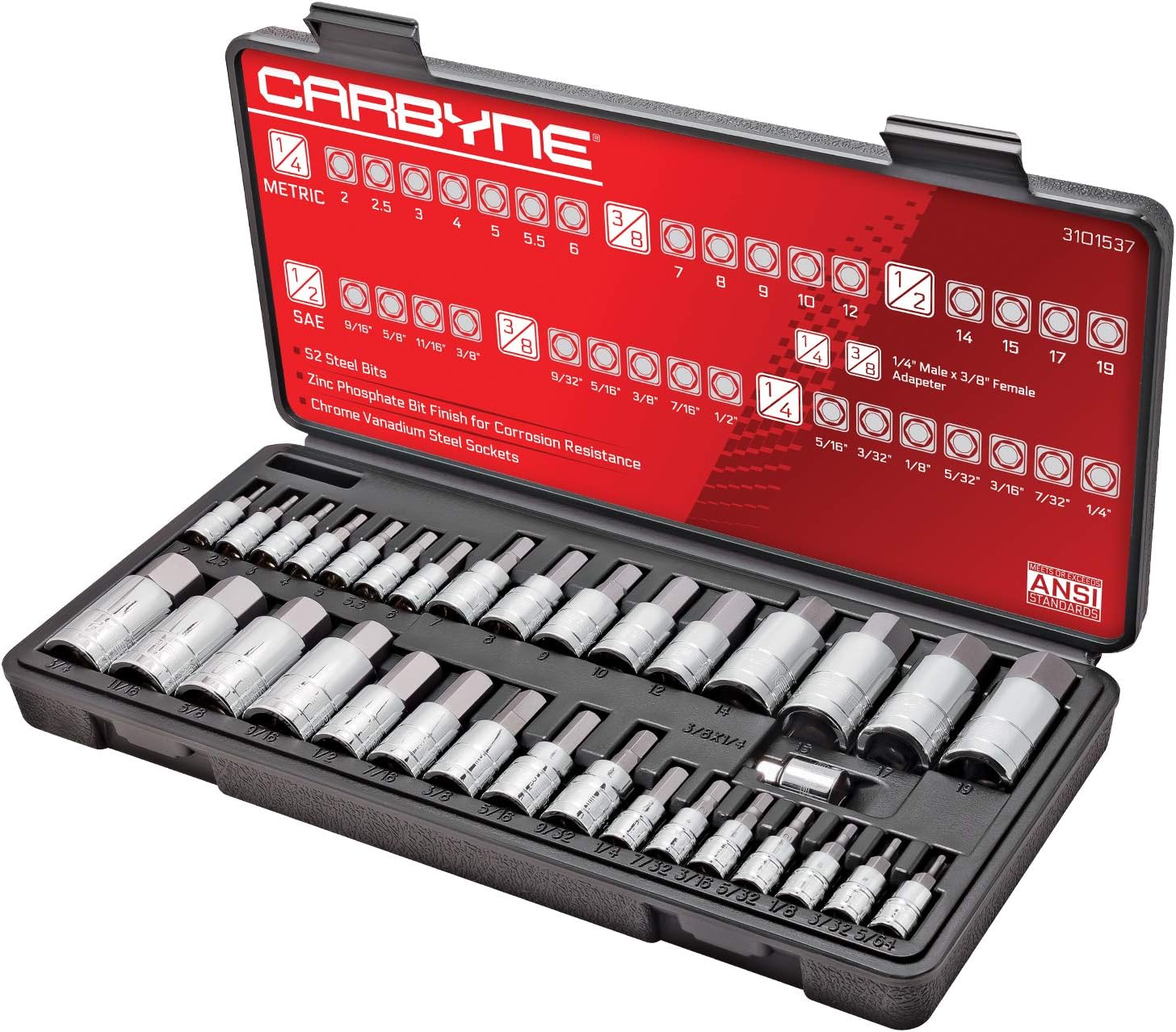 CARBYNE 33-Piece Master Bit Socket Set, SAE & Metric Hex (Allen) Bit Sockets, S2 Steel, 1/4', 3/8' & 1/2' Drive for Automotive, Motorcycle & Furniture Repair