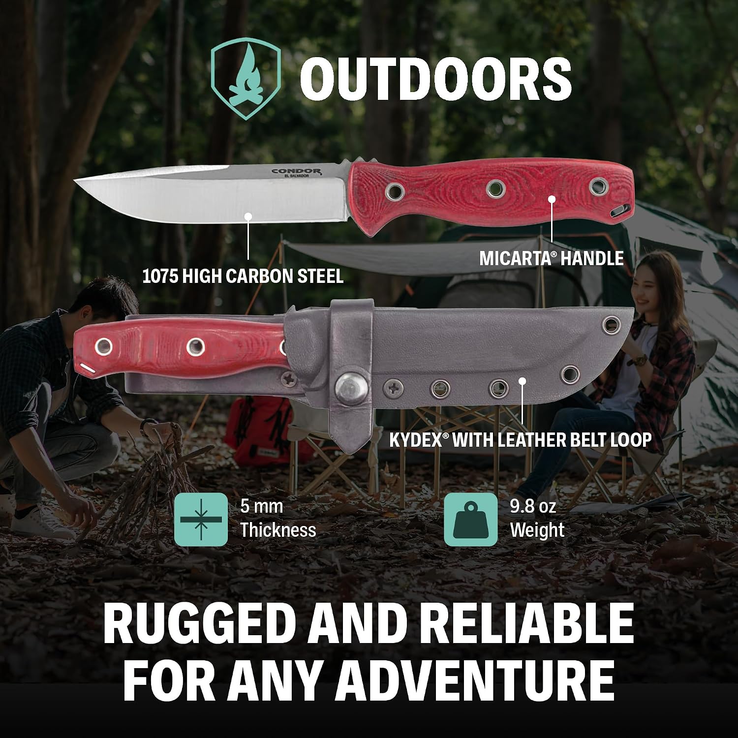 Condor Bushcraft Bliss Knife - 1075 High Carbon Steel - Walnut Handle - Small Fixed Blade Knife with Kydex Leather Loop Sheath - 3mm Thick - 4.8in Blade - 9.8oz