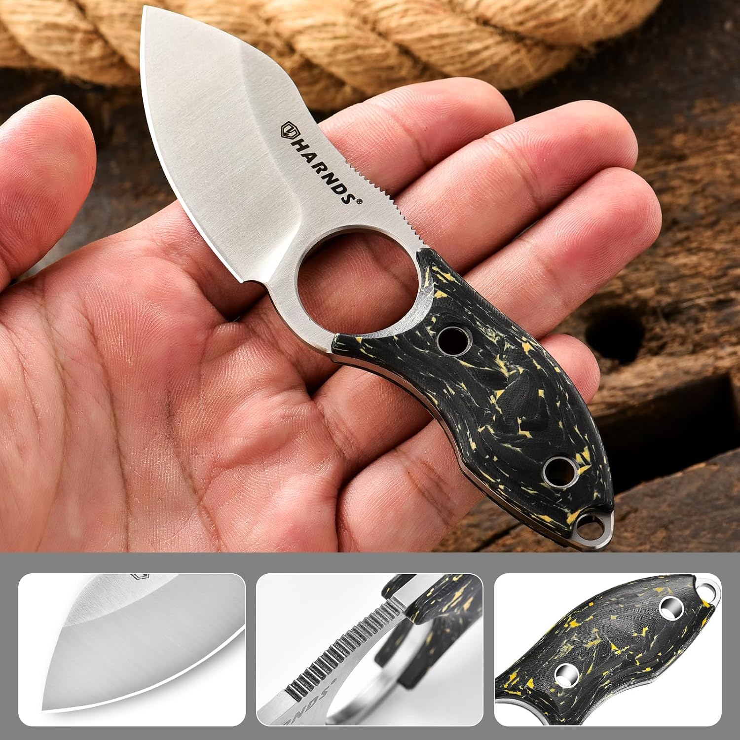 Harnds Small Fixed Blade Knife Full Tang Camping EDC with N690 Steel and Carbon Fiber Handle for Fishing and Skinning Eggplant