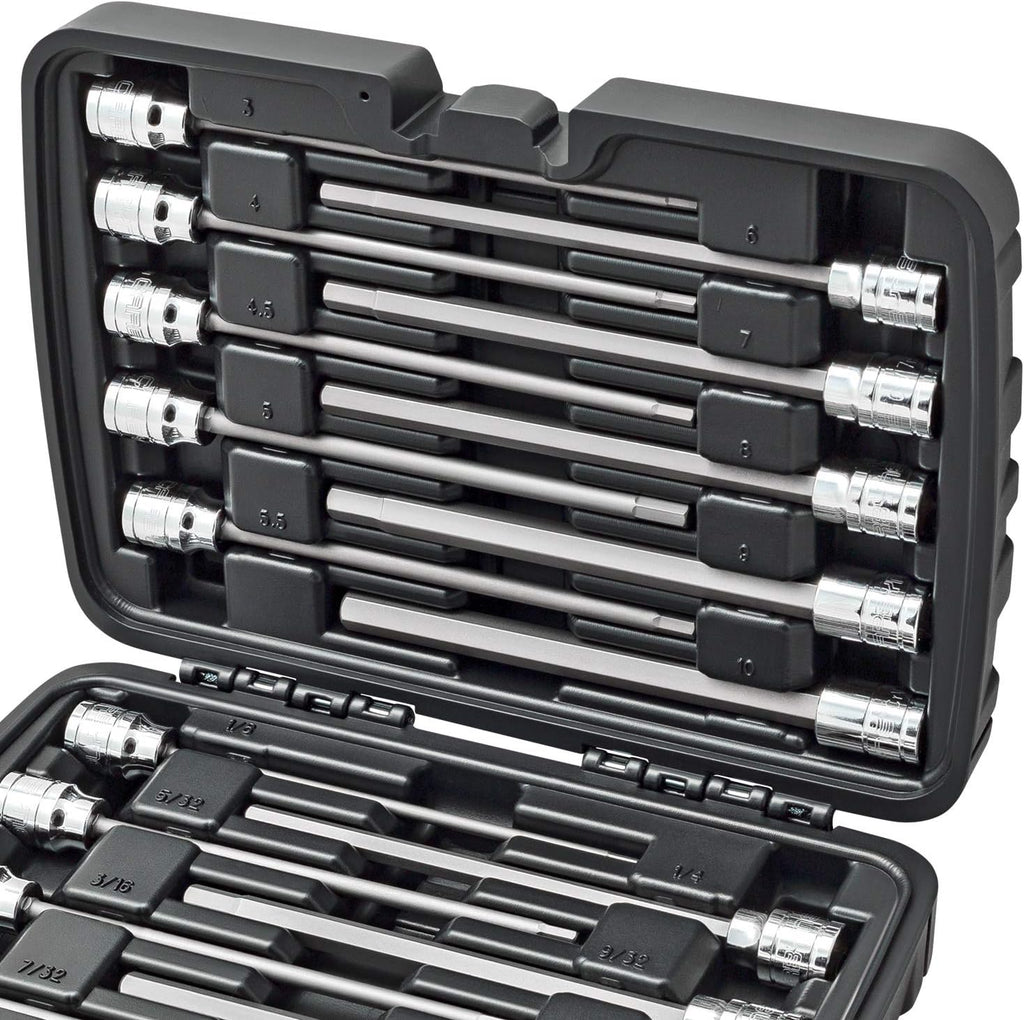 CARBYNE 18-Piece Extra Long Hex (Allen) Bit Socket Set, SAE 1/8 to 3/8 in. and Metric 3 to 10mm, 3/8 in. Drive, S2 Steel, CrV Sockets, 6.1 in. Length, Durable Case