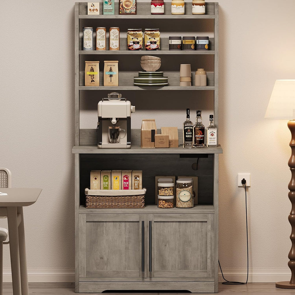 IDEALHOUSE Bakers Rack With Storage Cabinet, Microwave Stand With Power Outlets, Farmhouse pantry cabine With Thick Table Top, Small Kitchen Pantry Hutch Bakers Rack for Kitchen,Dining Room,Retro Gray