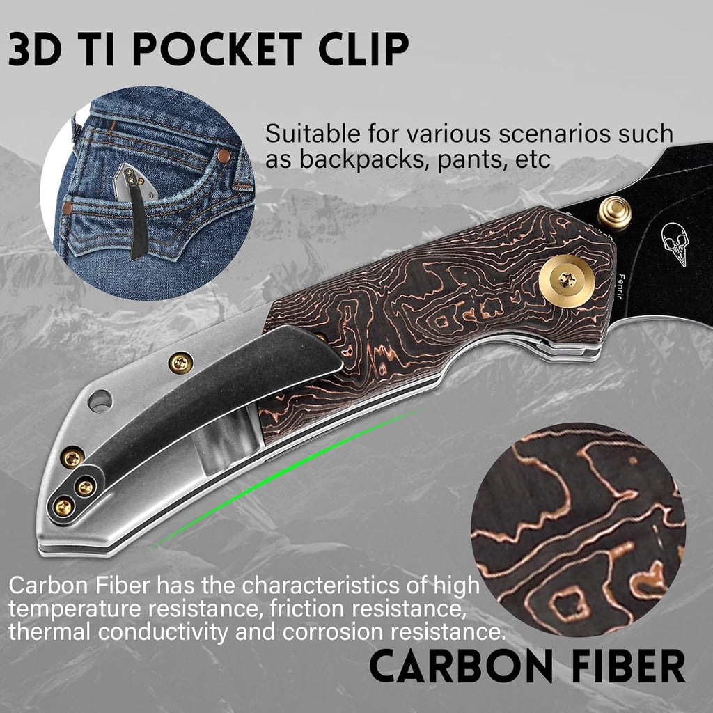 KANSEPT Fenrir Pocket Knife, 3.48' Blackwash CPM S35VN Harpoon Blade, Titanium Handle Copper Carbon Fiber Inlay, Thumb Stud & Liner Lock with Deep Clip EDC Knives for Camping Hunting Survival K1034A9