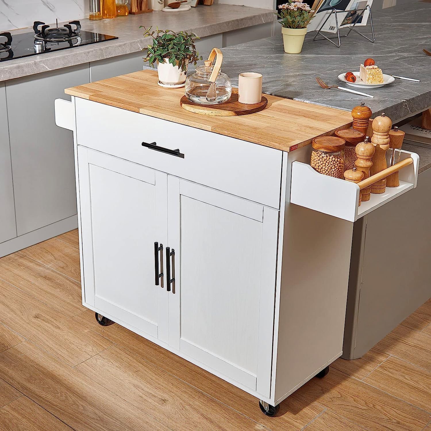 VEVOR Kitchen Island Cart with Solid Wood Top, 35.4' Width Mobile Carts with Storage Cabinet, Rolling Kitchen Table with Spice Rack, Towel Rack, Drop Leaf and Drawer, Portable Islands on Wheels, White
