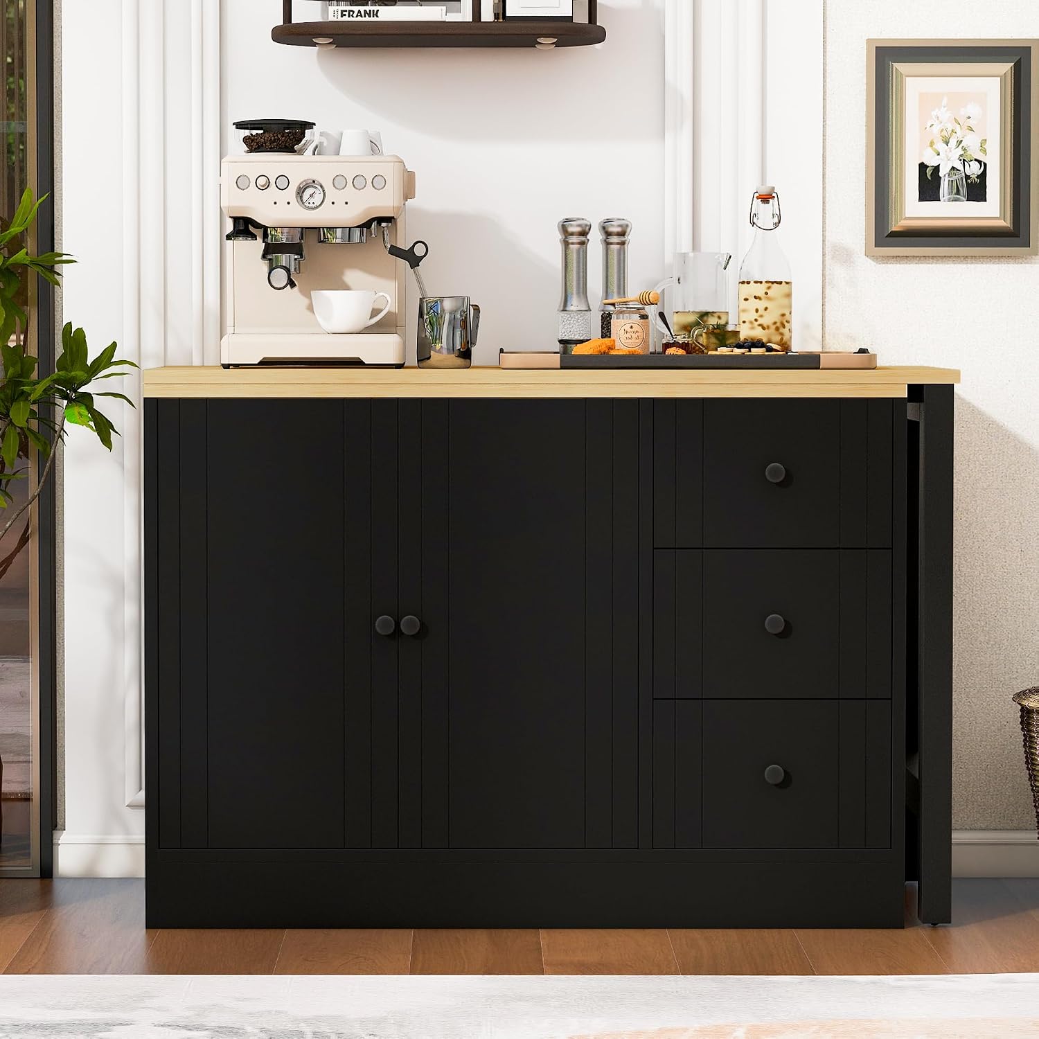 90' Extendable Freestanding Storage Cabinet, Kitchen Storage Bakers Rack with Silent Slides, Utility Food Cupboard with Adjustable Shelf for Kitchen Living Room, Black+Natural