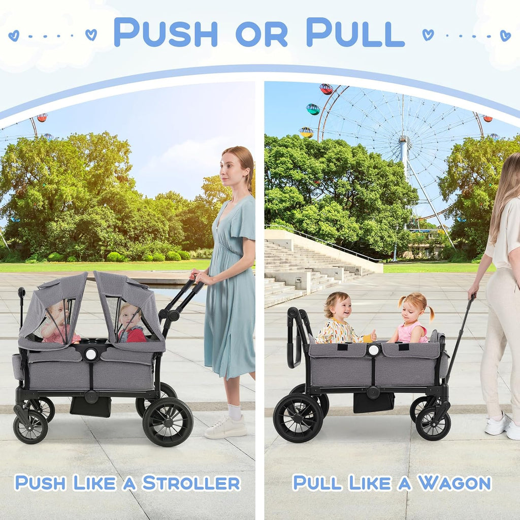 HONEY JOY Wagon Stroller for 2 Kids, 2 Seater Toddler Quad Stroller Wagon, Adjustable Push/Pull Handle Bar, Drop-Down Footwell & Upholstered Seats, Collapsible Kids Wagon with Canopy(Gray)