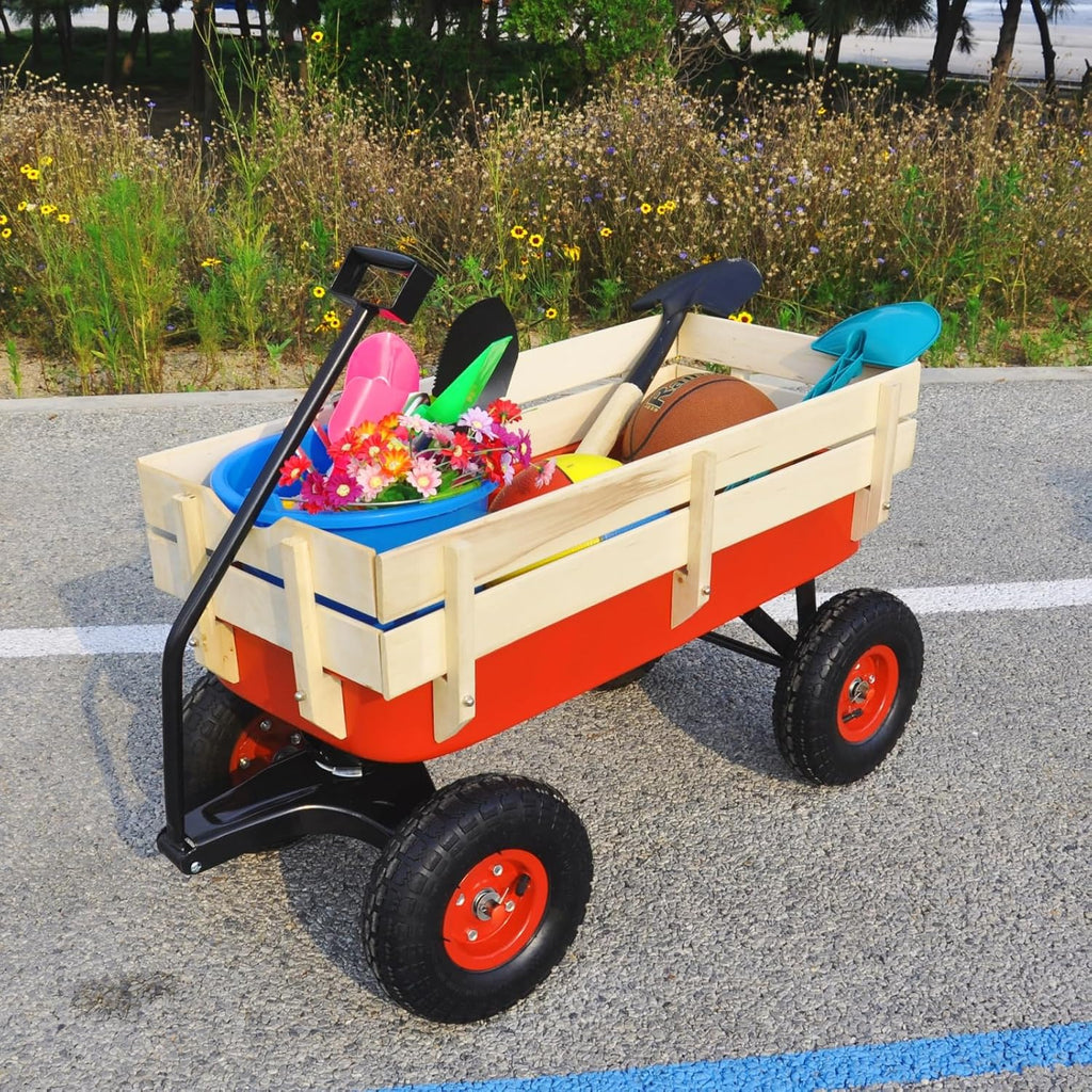 Outdoor Sport Wagon Tools cart Wooden Side Panels air Tires Wagon (red)