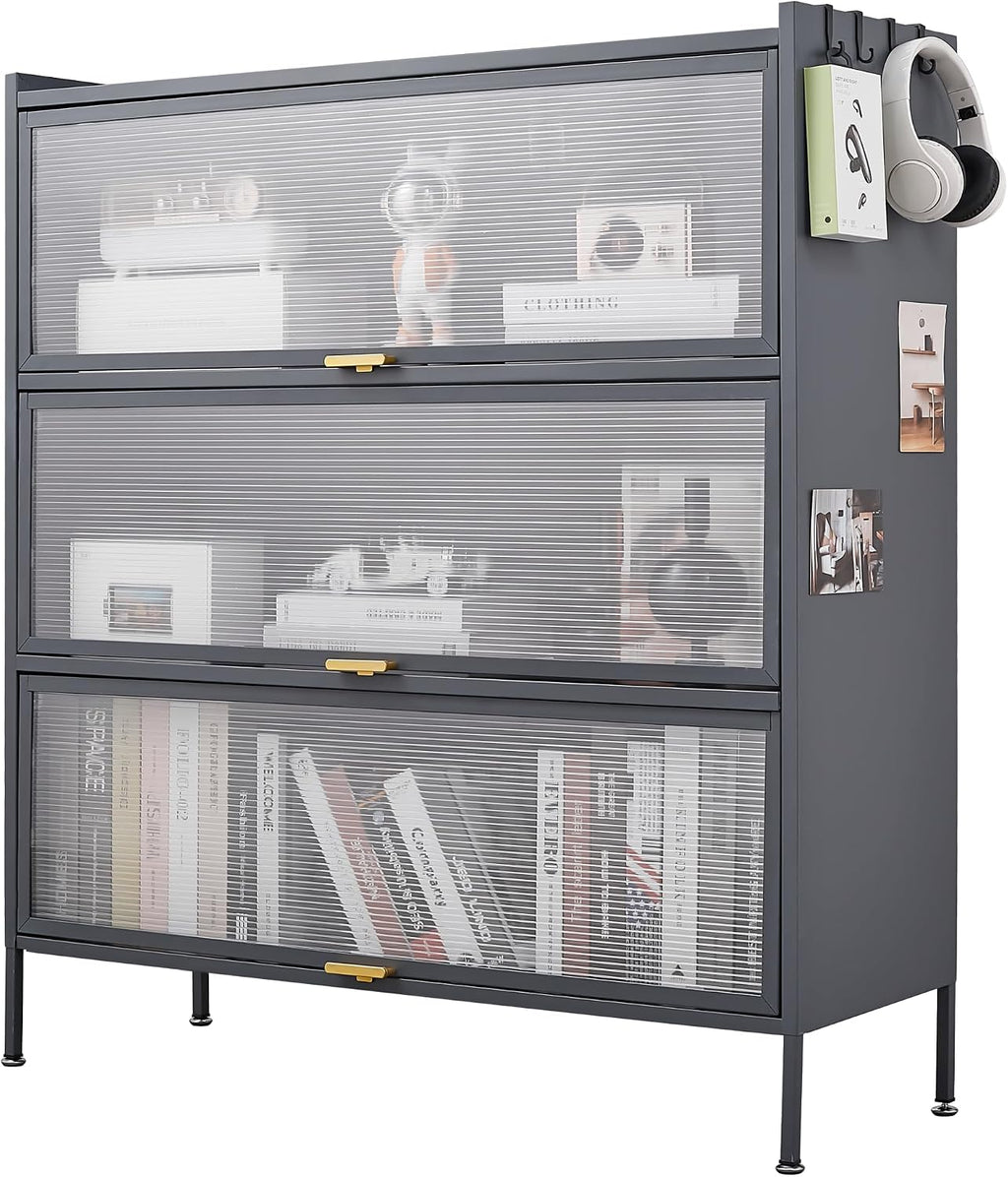 3 Tier Pantry Storage Cabinet with PC Glass Doors Baker Rack Kitchen Storage Cabinet Freestanding Microwave Stand with Adjustable Shelves Multi-Purpose Organizer for Kitchen Dining Room Black
