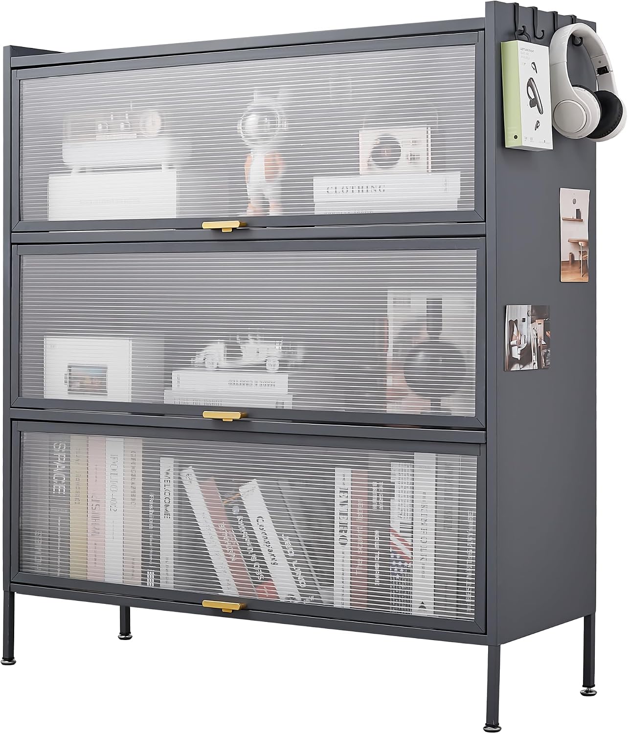 3 Tier Pantry Storage Cabinet with PC Glass Doors Baker Rack Kitchen Storage Cabinet Freestanding Microwave Stand with Adjustable Shelves Multi-Purpose Organizer for Kitchen Dining Room Black