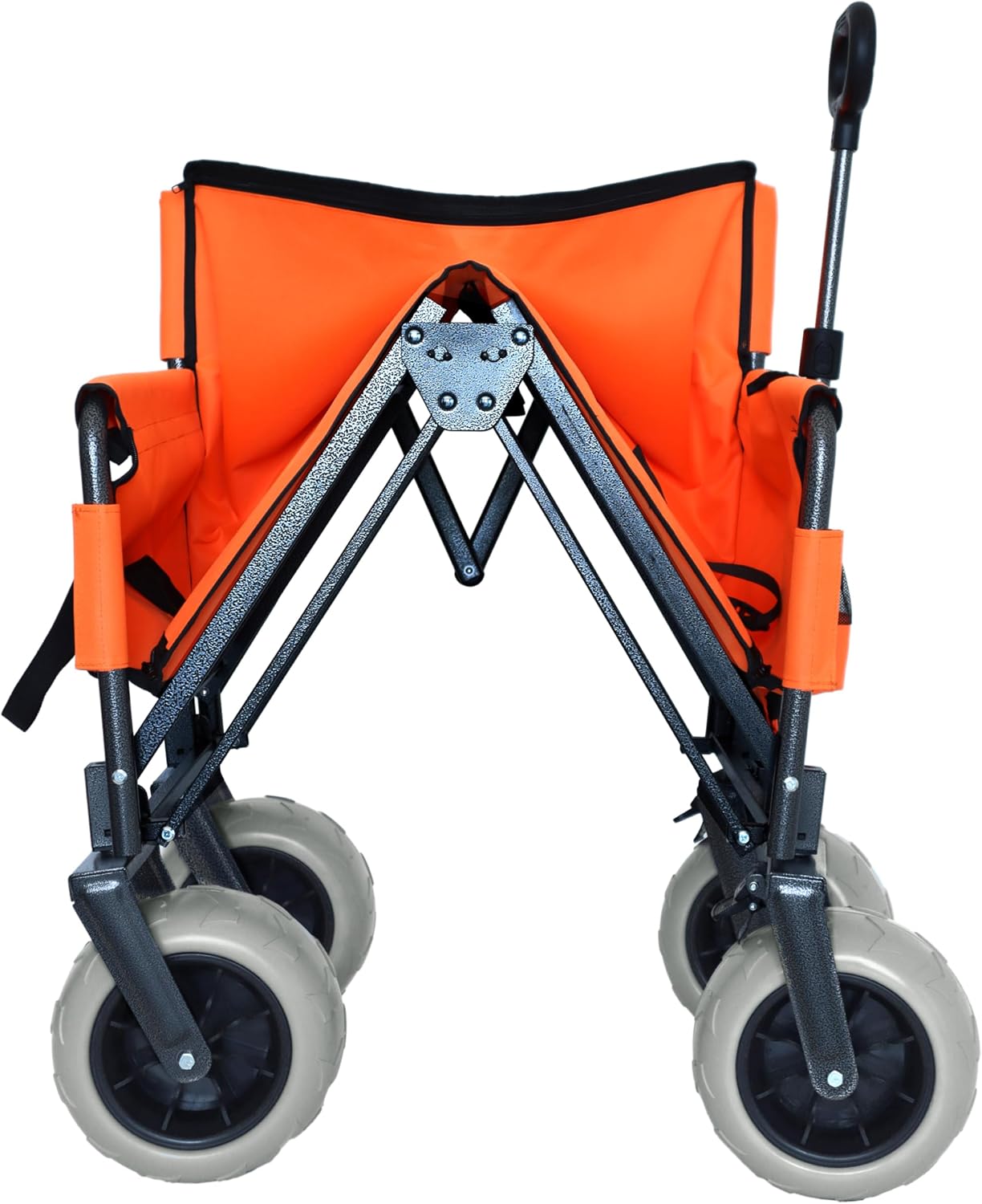 3-in-1 Convertible Folding Wagon Cart with Bench Seat & Storage-500lbs Capacity, 9'x4' Beach Tires for Camping & Beach (Orange + Steel)