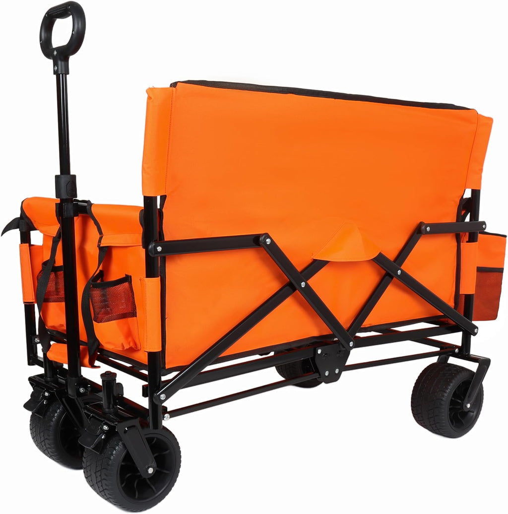 3-in-1 Folding Wagon with Bench Seat - 500LB Capacity, 180L Storage, All-Terrain Wheels, Compact Fold, Includes Ice Pack, for Camping, Beach, Sports, Garden (Orange)