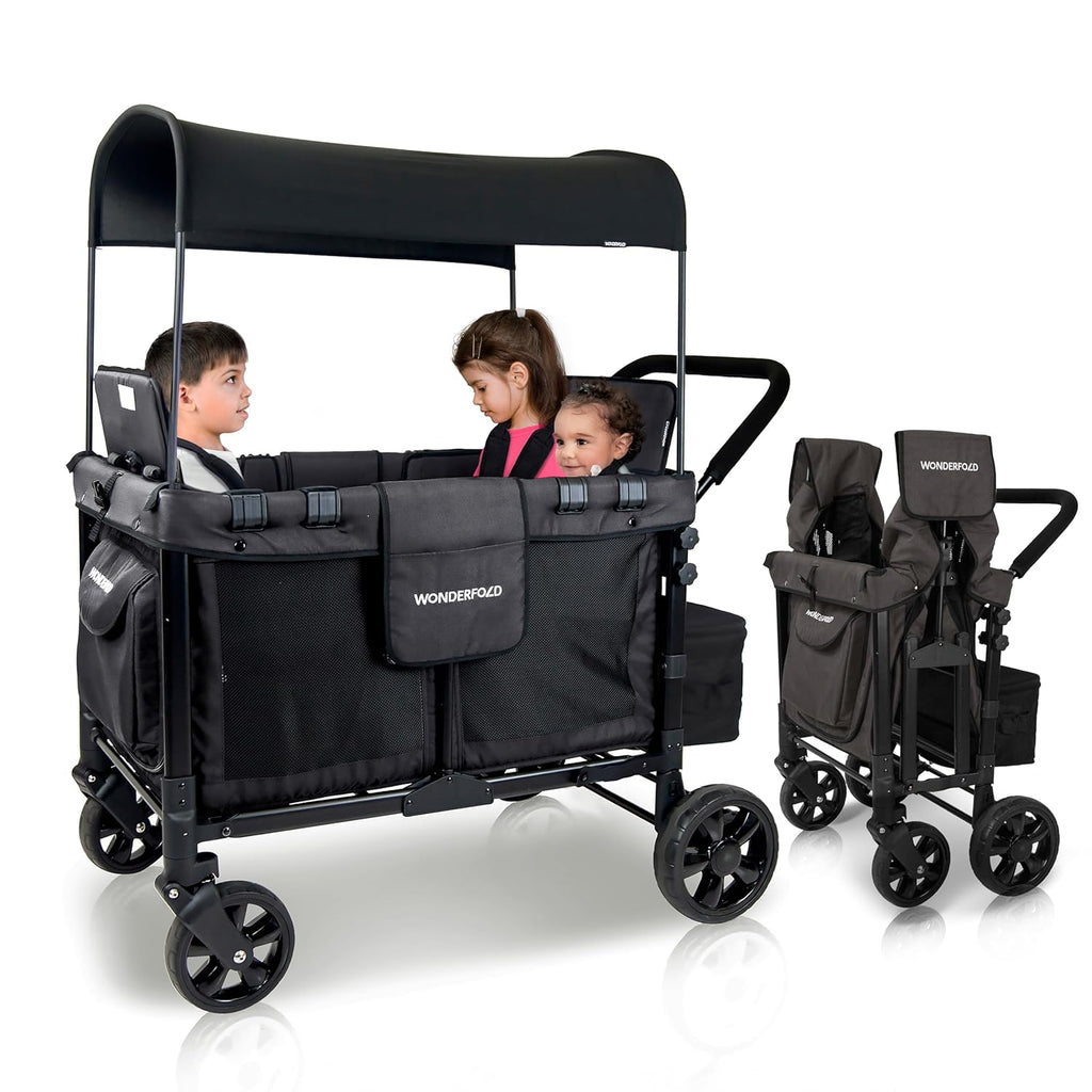 WonderFold W4 Original Stroller Wagon - Foldable Wagon with 5 Point Harness - Adjustable Canopy & Deep Carriage - All-Terrain Wheels - for Babies, Toddlers & Kids - 4 Seater - Black
