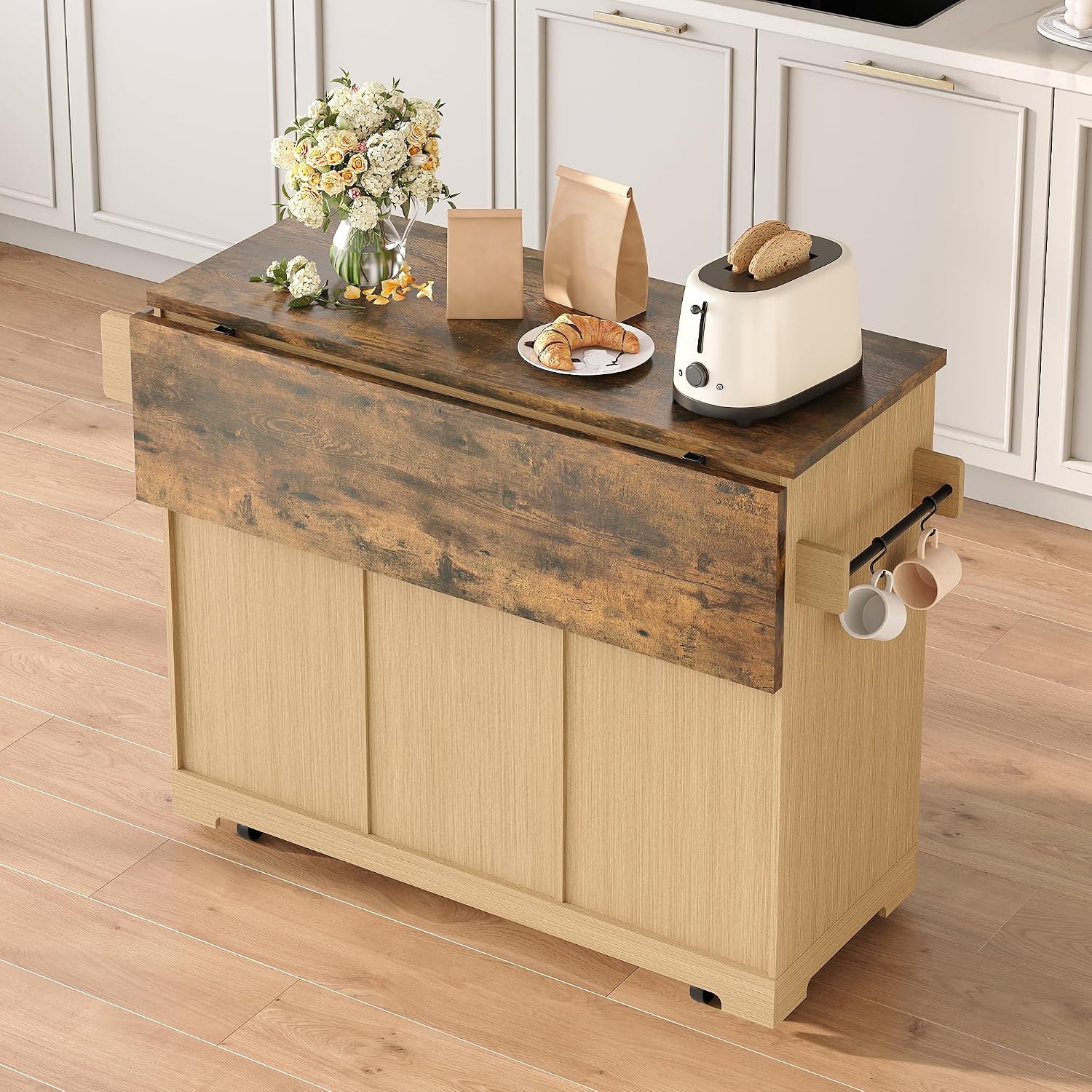 Vabches Rolling Kitchen Island with Folding Drop Leaf,50'' Wine Cabinet with Storage, Buffet Cabinet on Wheels with Wine Rack for Kitchen, Bar Cart on Wheels with Fluted Design, Nautral