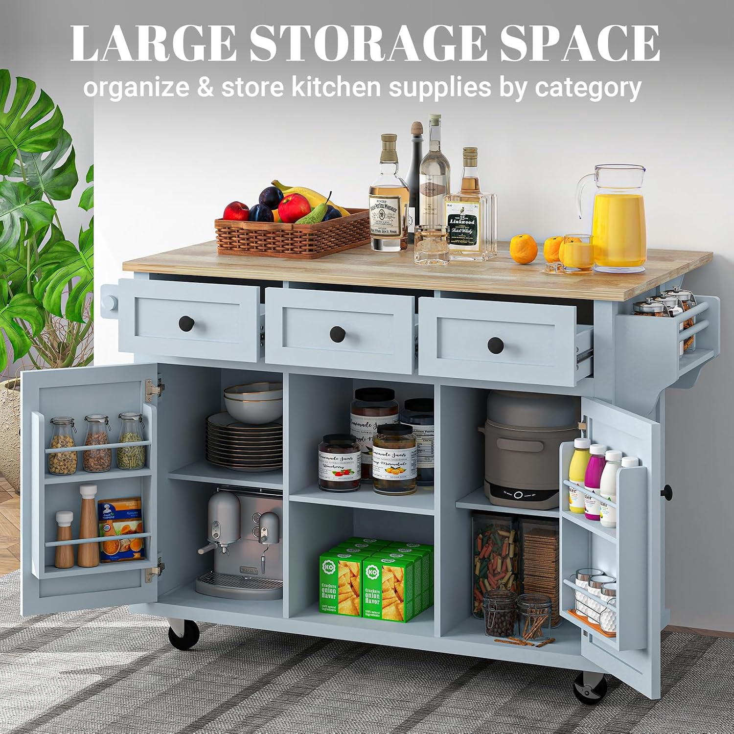 Rovibek Kitchen Island with Drop Leaf 53in Rolling Kitchen Island On Wheels with Storage Mobile Kitchen Island Cart Portable with Drawer and Storage Cabinet, Spice Rack, Towel Rack, Grayish Blue