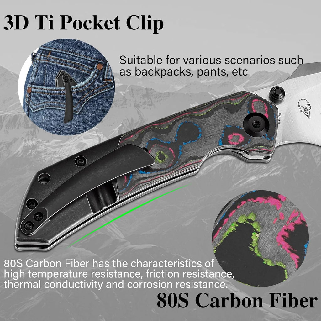 KANSEPT Fenrir Pocket Knife, 3.48'Satin CPM S35VN Harpoon Blade, Blackwash Titanium Handle 80S Carbon Fiber Inlay,Thumb Stud & Liner Lock with Deep Clip EDC Knives for Camping Hunting Survival K1034S1