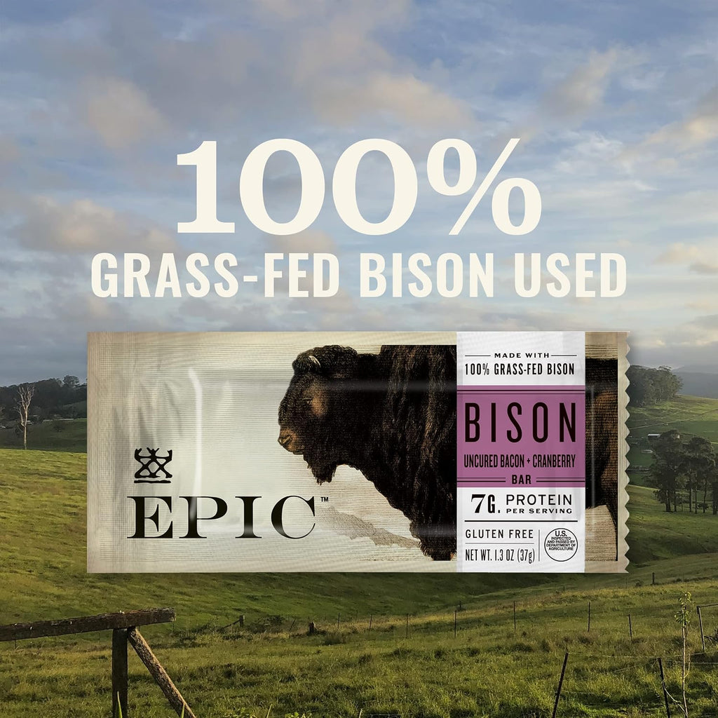 EPIC Bison Uncured Bacon and Cranberry Bars, Grass-Fed, Protein Bar, 12 Ct, 15.6 oz (Pack of 4)