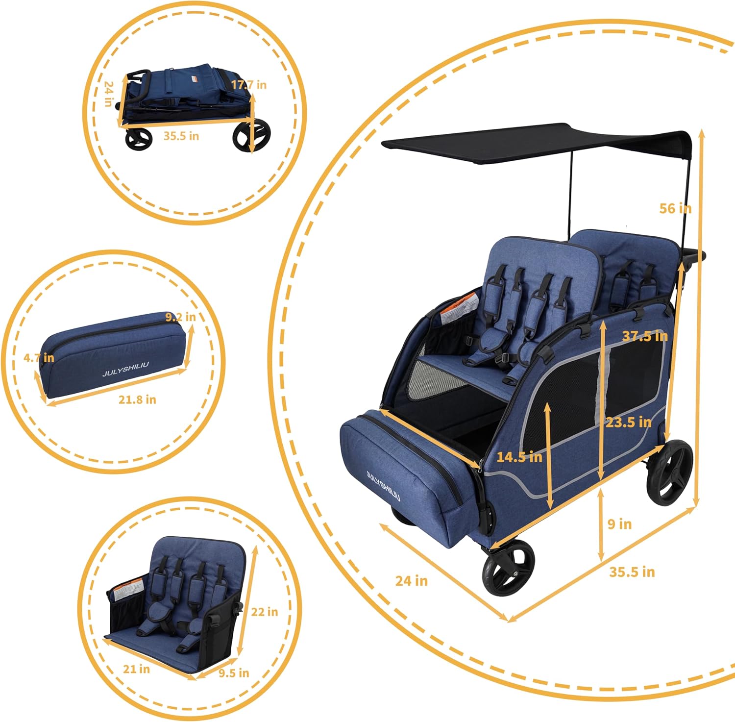 Car-Shaped Large 4 Seater Stroller Wagon for 2 3 Kids Toddler Child Foldable All-Terrain Triple Quad Wagon with Removable Canopy, 5-Point Harness, Storage Bag Shopping Outdoor Blue