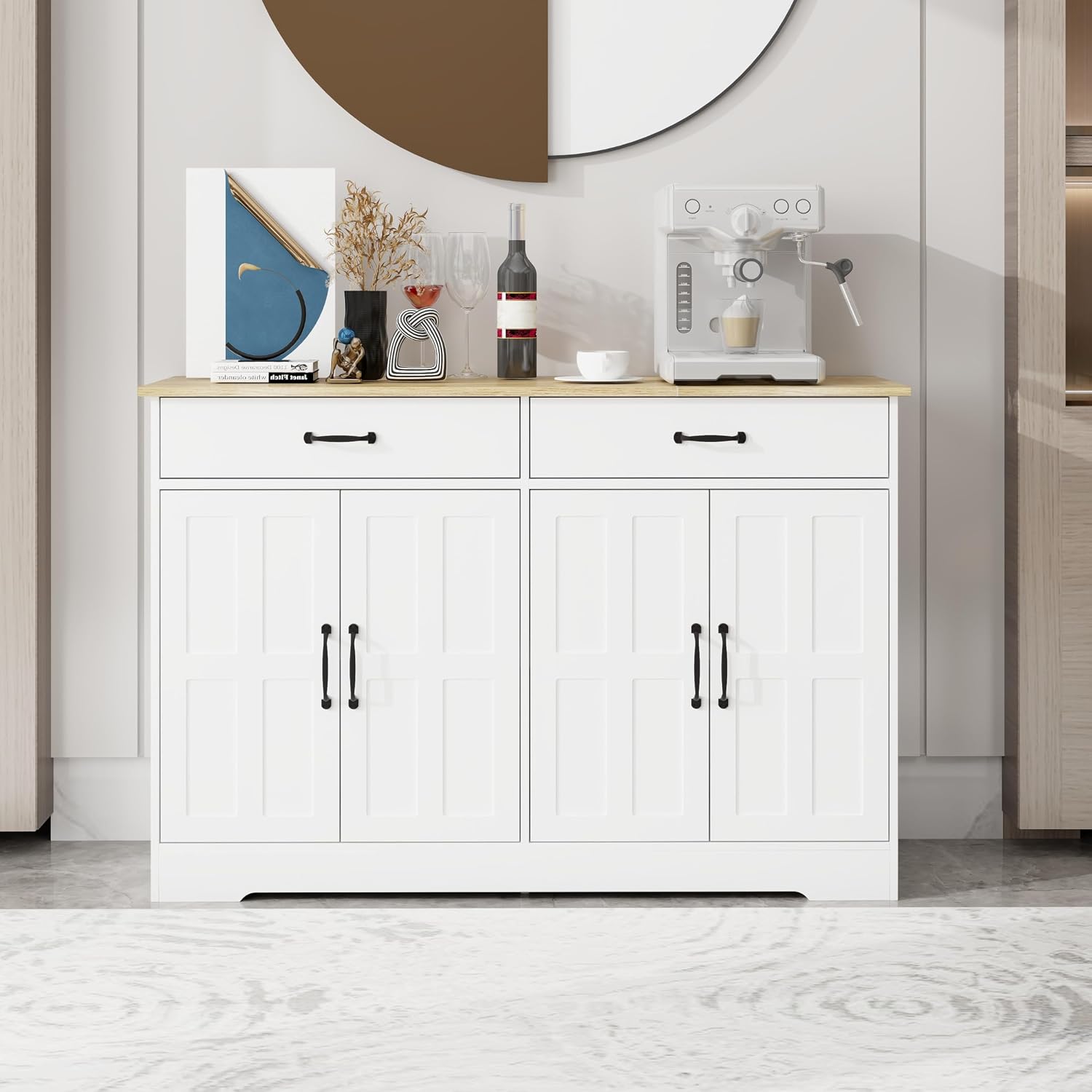 48' E1 MDF 3-Coat Paint Freestanding Storage Cabinet, Kitchen Storage Bakers Rack with Anti-tip Design, Utility Food Cupboard for Home Spaces, White
