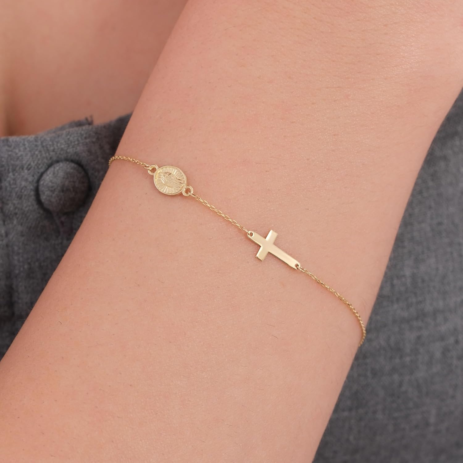 MIONZA 14K Solid Gold Rosary Sideways Cross Bracelet for Women, Adjustable Cross Bracelet, Religious Charm Catholic Jewelry, Christian Baptism Gift for Her