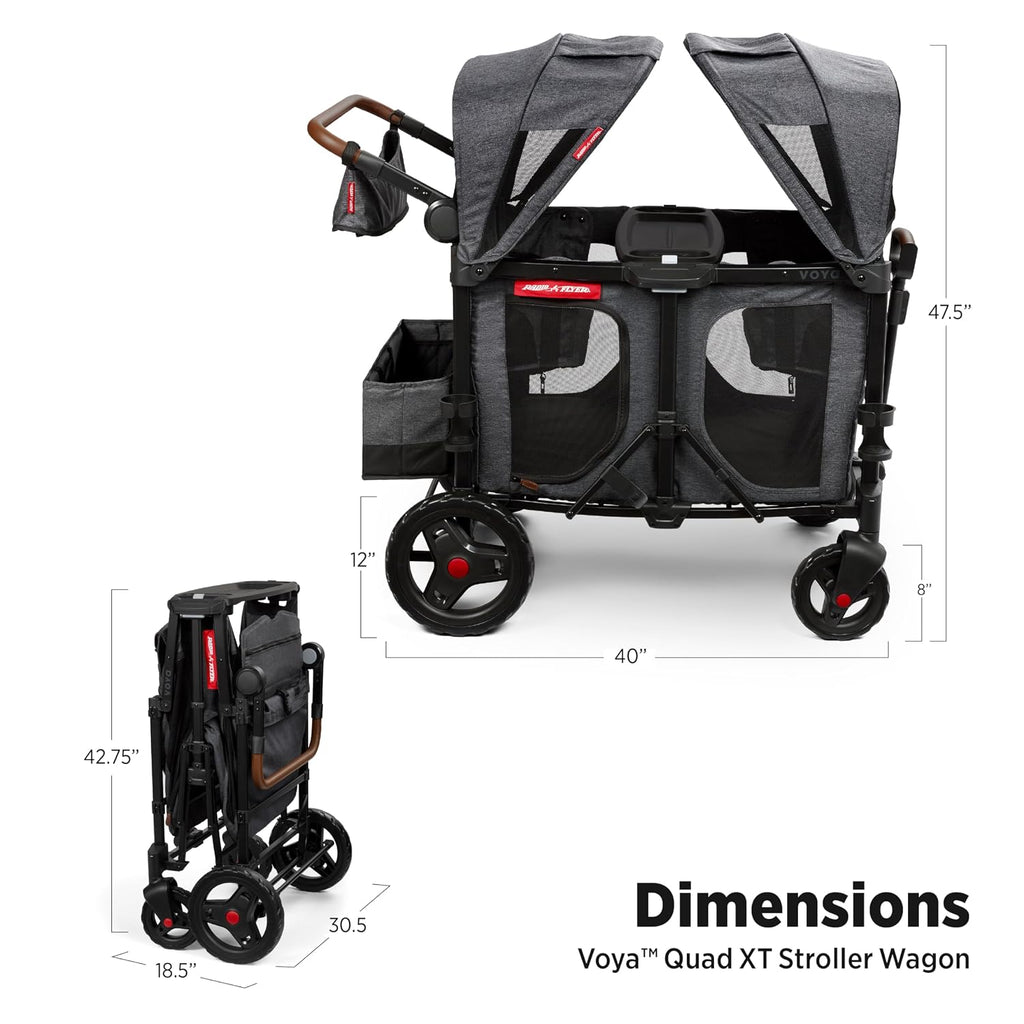 Radio Flyer Voya XT Quad Stroller Wagon, for Ages 6+ Months, Extra Tall Sides, Push or Pull, 4 Seats, Dual Sun Canopies, Compact Fold, Storage Space, 5-Point Harnesses, Stroller Wagon for Kids