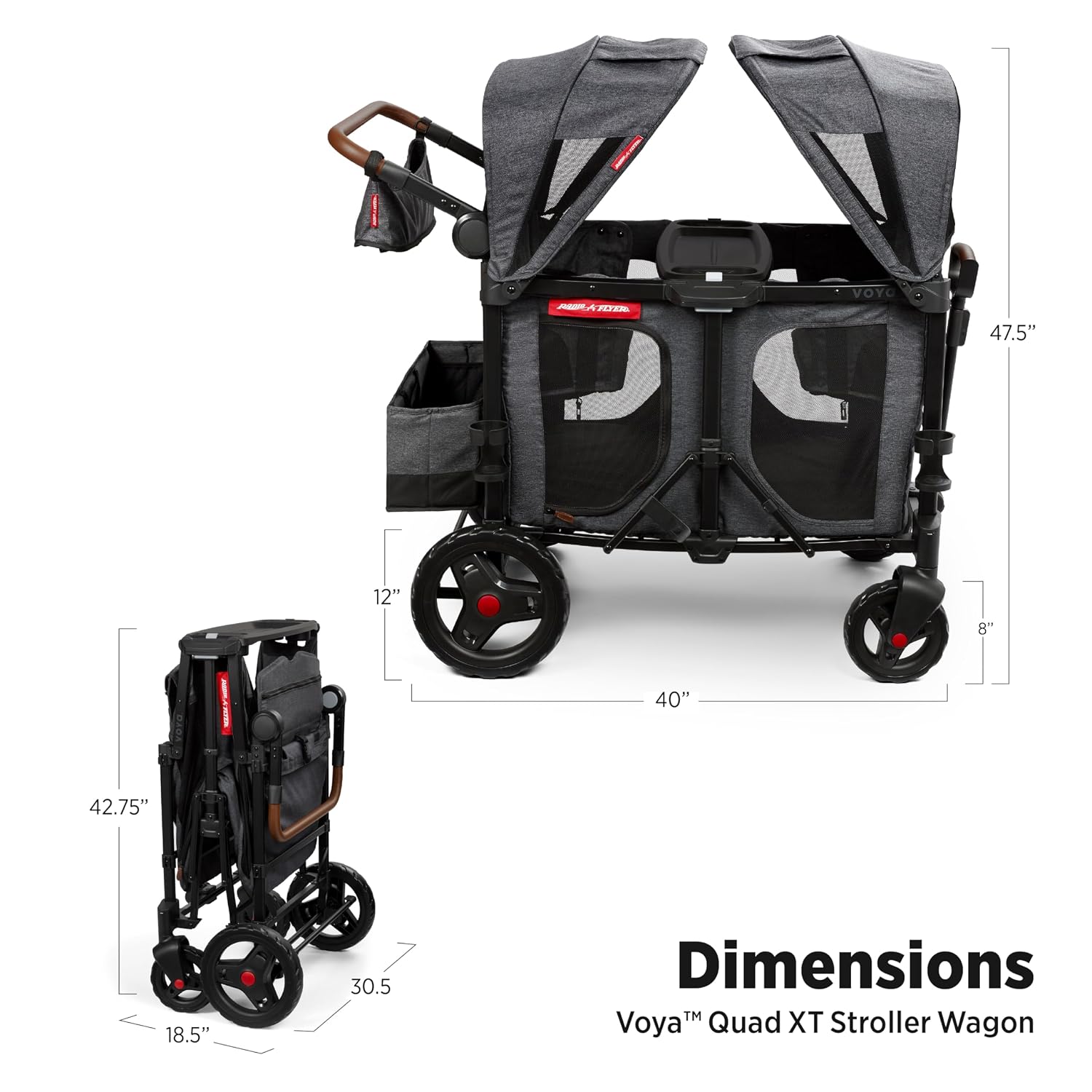 Radio Flyer Voya XT Quad Stroller Wagon, for Ages 6+ Months, Extra Tall Sides, Push or Pull, 4 Seats, Dual Sun Canopies, Compact Fold, Storage Space, 5-Point Harnesses, Stroller Wagon for Kids