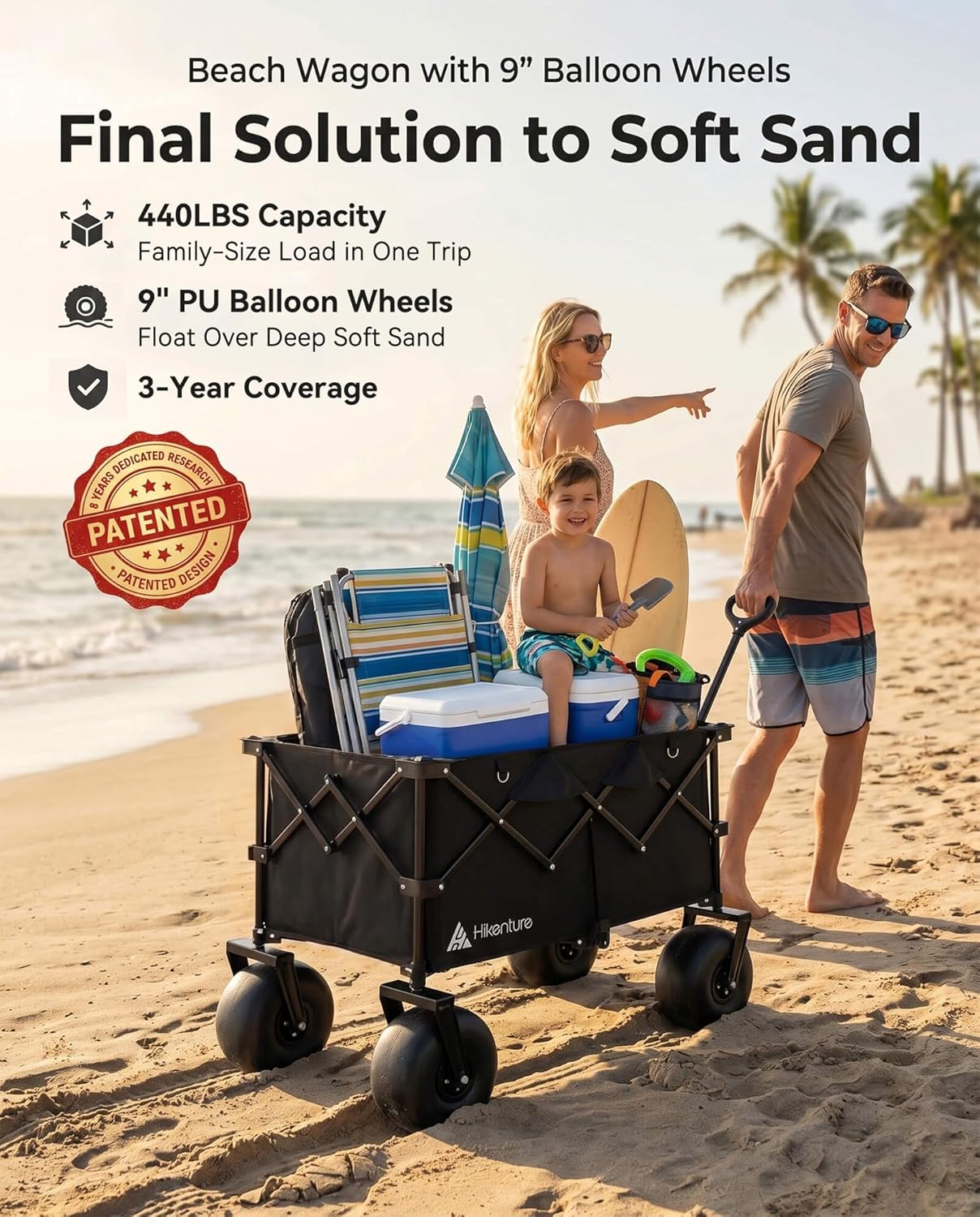 Hikenture Beach Wagon with Balloon Wheels, 9' PU Tires Collapsible Wagon, 440lbs Heavy Duty Beach Cart with Big Wheels for Sand, Large Capacity Utility Wagons Carts