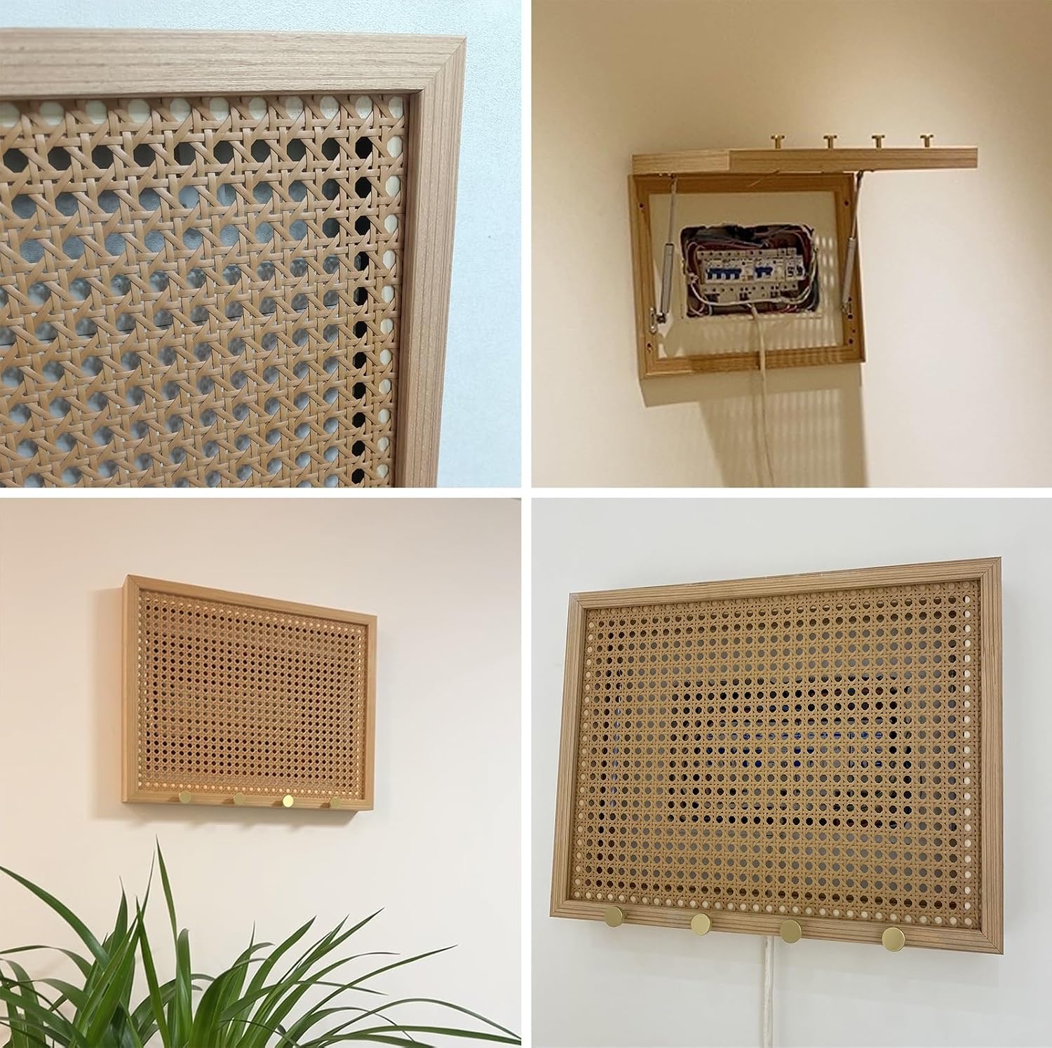 Electrical Panel Cover Ventilated Rattan Weave Breaker Box Cover Wood Frame Fuse Box Concealer with Hook, Hydraulic Circuit Breaker Panel, Electrical Panel Cover(WXL-65 x 55CM-25.6 x 21.7)