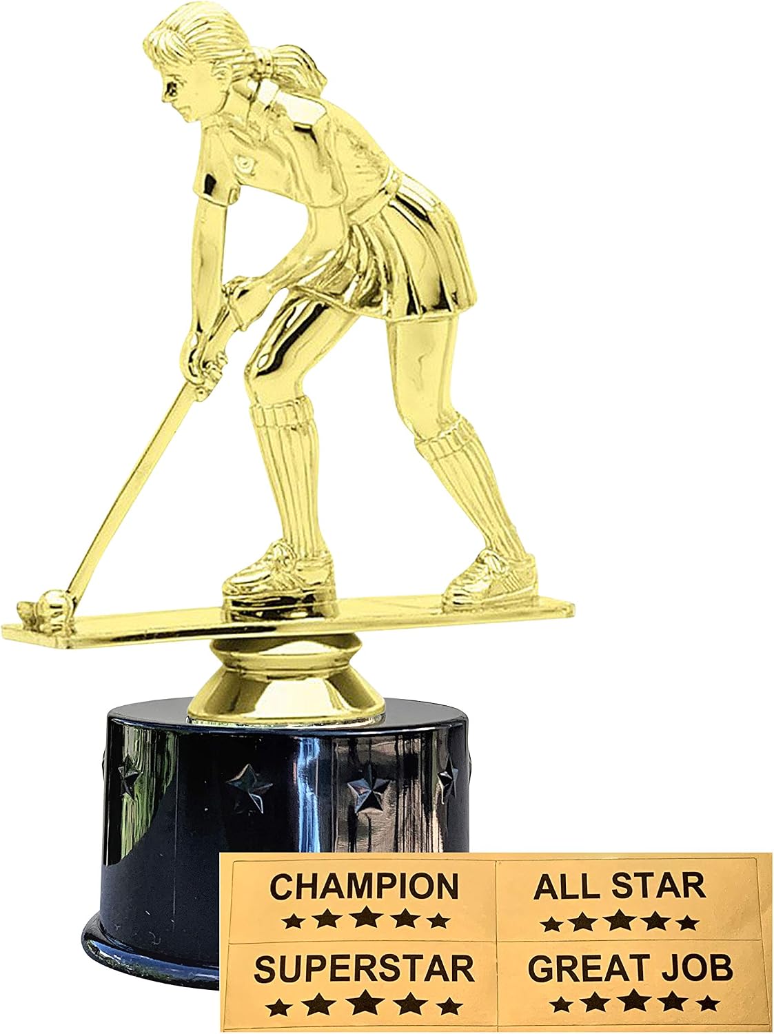 Express Medals Field Hockey Award Trophy Party Favor Gift Prize Including 4 Gold Color Decals to Custom Personalize The Black Round Base