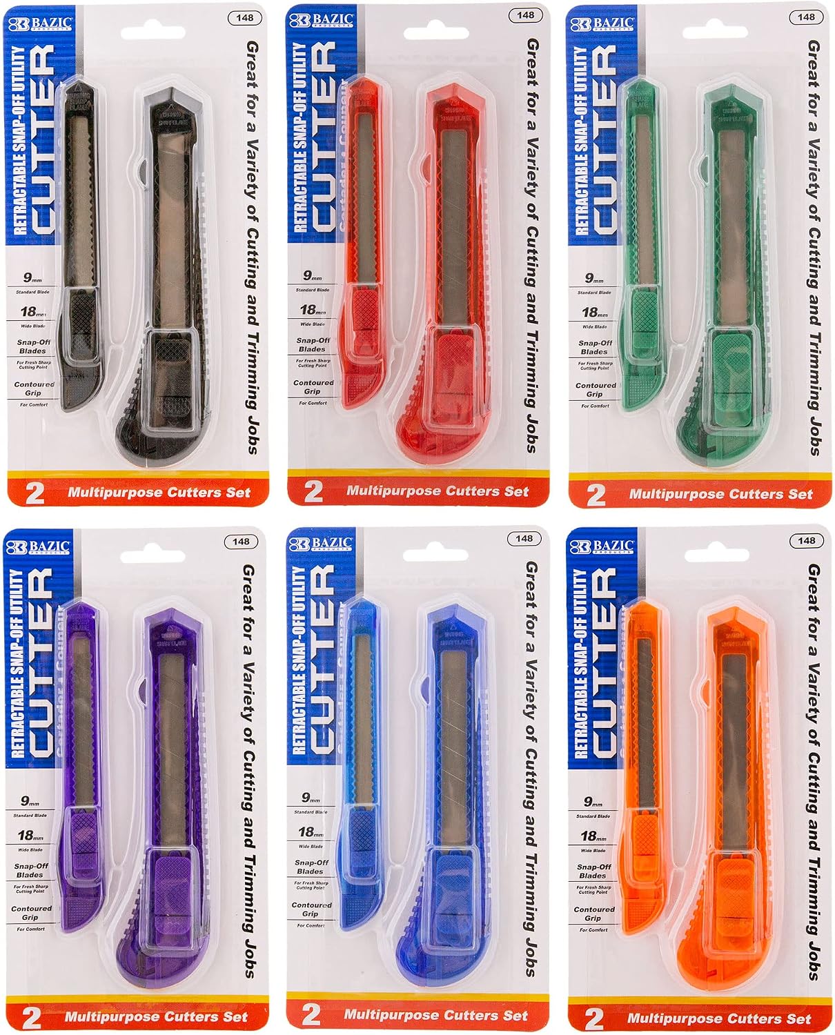 BAZIC Products Snap-Off Utility Knife, 9 mm and 18 mm Blade, 2 Count, Box Cutter Knife, for Boxes Cartons Crafts, Case of 144