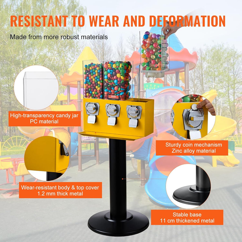 VEVOR Commercial Vending Machine, Triple Compartment Candy Dispenser with Iron Stand, Gumball and Candy Machine for Business, Coin Operated Gumball Bank for Toy Capsules Bouncy Balls Candy Nut, Yellow
