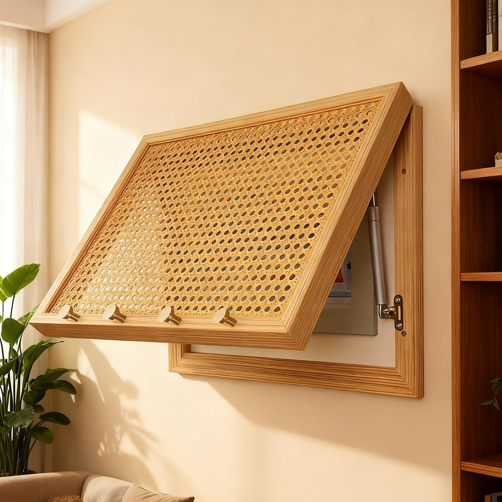 Electrical Panel Cover Ventilated Rattan Weave Breaker Box Cover Wood Frame Fuse Box Concealer with Hook, Hydraulic Circuit Breaker Panel, Electrical Panel Cover(WXL-45 x 35CM-17.7 X 13.8)