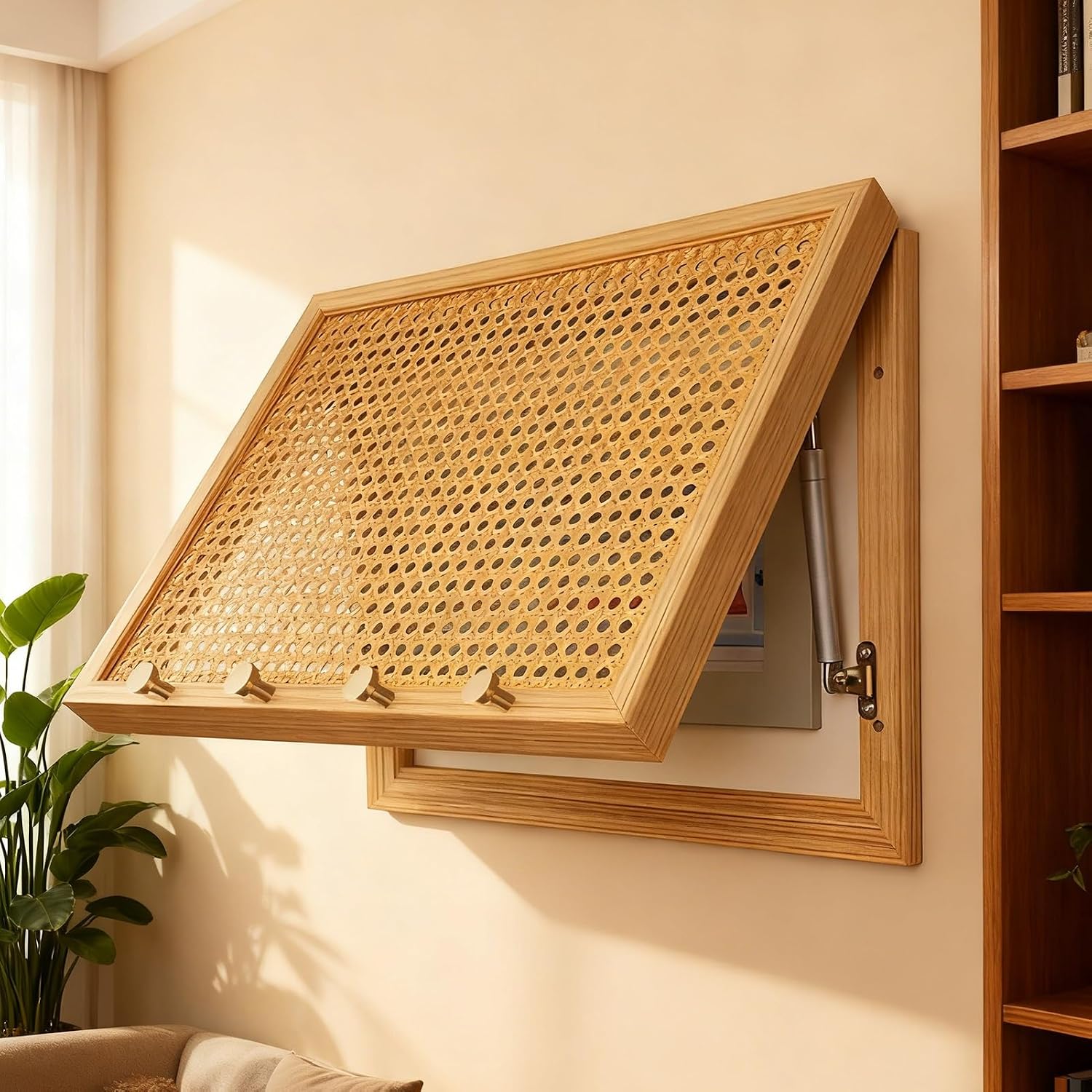 Electrical Panel Cover Ventilated Rattan Weave Breaker Box Cover Wood Frame Fuse Box Concealer with Hook, Hydraulic Circuit Breaker Panel, Electrical Panel Cover(WXL-45 x 35CM-17.7 X 13.8)