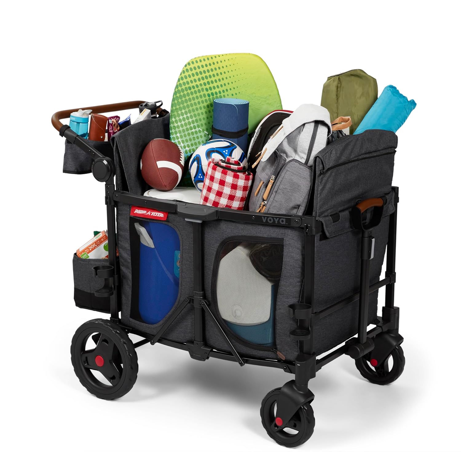 Radio Flyer Voya XT Quad Stroller Wagon, for Ages 6+ Months, Extra Tall Sides, Push or Pull, 4 Seats, Dual Sun Canopies, Compact Fold, Storage Space, 5-Point Harnesses, Stroller Wagon for Kids