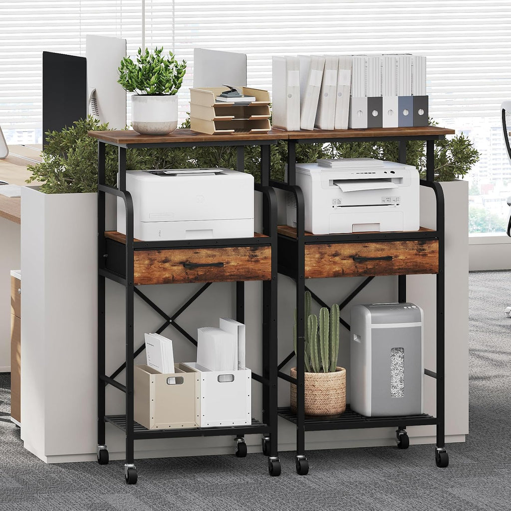 MAHANCRIS Printer Stand and Printer Table Bundle, 3-Tier Industrial Printer Cart with Power Outlets and 2 USB Ports, 3 Tier Mobile Printer Table with Adjustable Shelf & Drawer PTHR78E01-PTHR5401