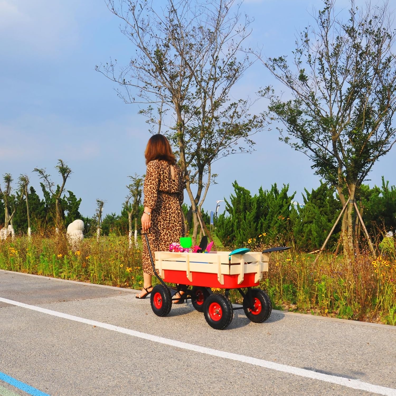 Outdoor Sport Wagon Tools cart Wooden Side Panels air Tires Wagon (red)
