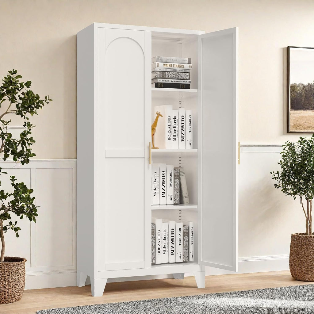 61'' Metal Storage Cabinet with Doors White, Adjustable Shelves Cabinet for Bedroom, Office, Kitchen or Garage, Tall Steel Organizer for Secure and Space-Saving Storage (Product A)