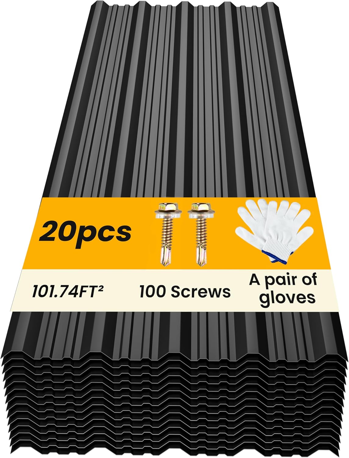 20 pcs Metal Roofing Panels - Corrugated Galvanized Roof Panels L41.34x W17.72 Inch, Waterproof Tin Roof Sheets for Garages,Sheds, Stables and Mobile Homes, Includes Screws(Black,L41.34''-20)