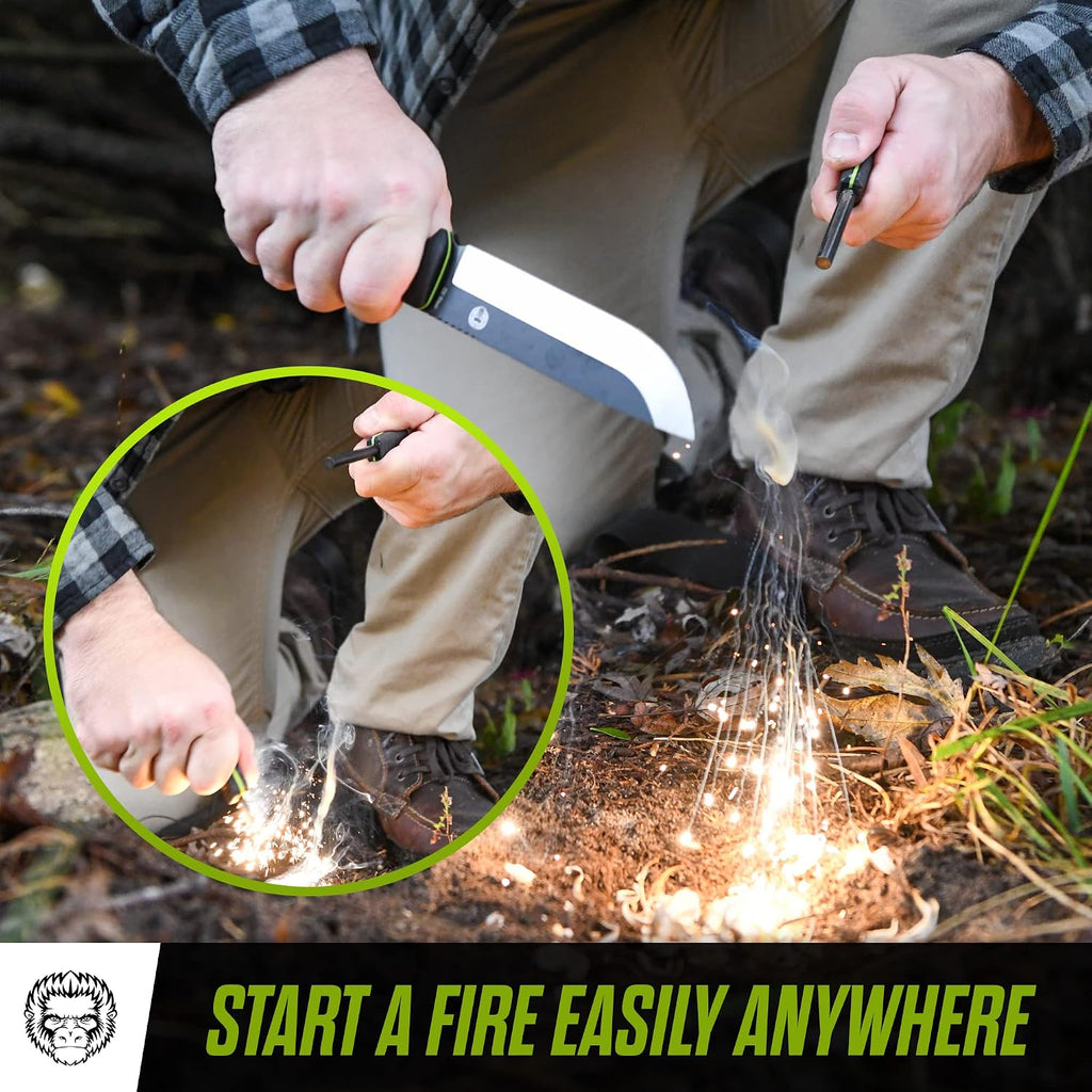 Holtzman's Gorilla Survival Bushwhacker Fixed Blade Knife with Fire Starter, G10 Scraper, and Paracord (Black+Green) - Ideal for Camping and Survival