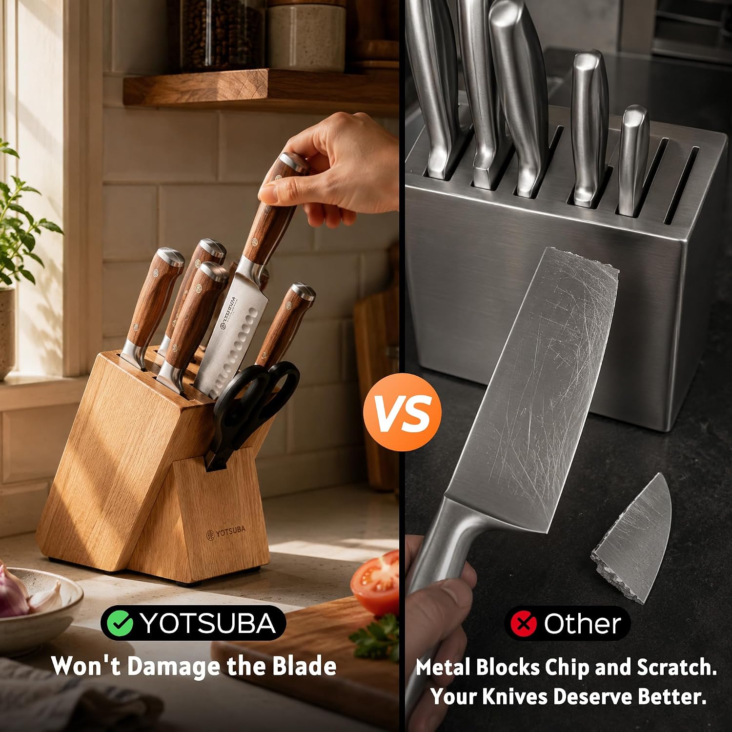 YOTSUBA 8 PCS Japanese Kitchen Knife Set with Block, Professional Ultra Sharp High Carbon Stainless Steel Chef Knives, Ergonomic Natural Rosewood Handle for Kitchen