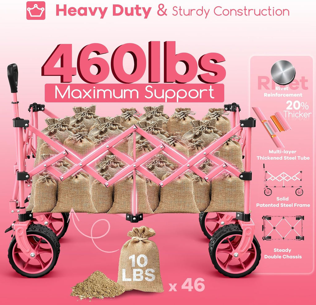 Originsure 220L Collapsible Wagon Cart Foldable, 460lbs Load Capacity Heavy Duty Folding Beach Wagons with Big All-Terrain Wheels, Utility Carts for Groceries, Camping, Sports - Pink