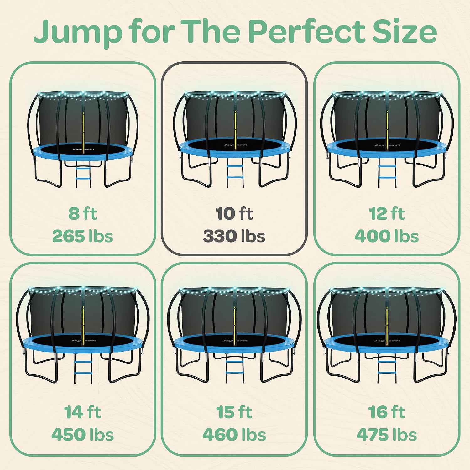 JoyBerri Trampoline Outdoor - Upsurge ASTM Certified Safe 8Ft 10Ft 12Ft 14Ft 15Ft 16Ft Recreational Trampoline for Kids and Adults. Anti-Rust Coating with Enclosure Net, Ladder, Sprinkler & LED Lights