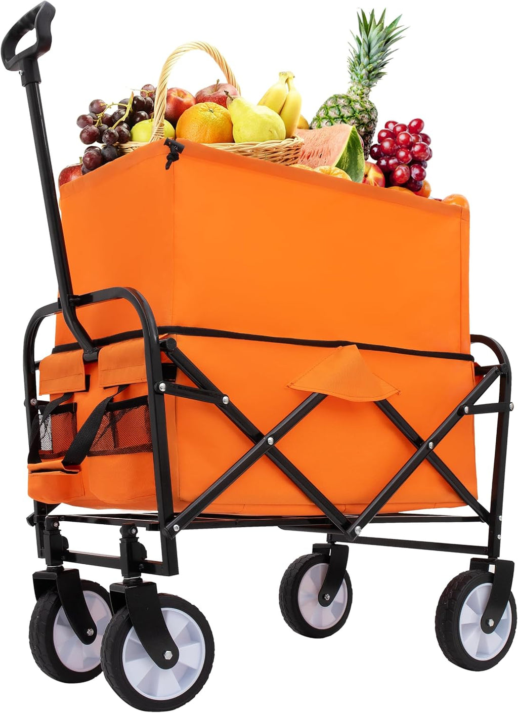 3-in-1 Convertible Folding Wagon Cart with Bench Seat & Storage, 500lb Capacity Heavy-Duty Utility Cart, 180L All-Terrain Wagon for Camping, Beach, Garden (Orange)