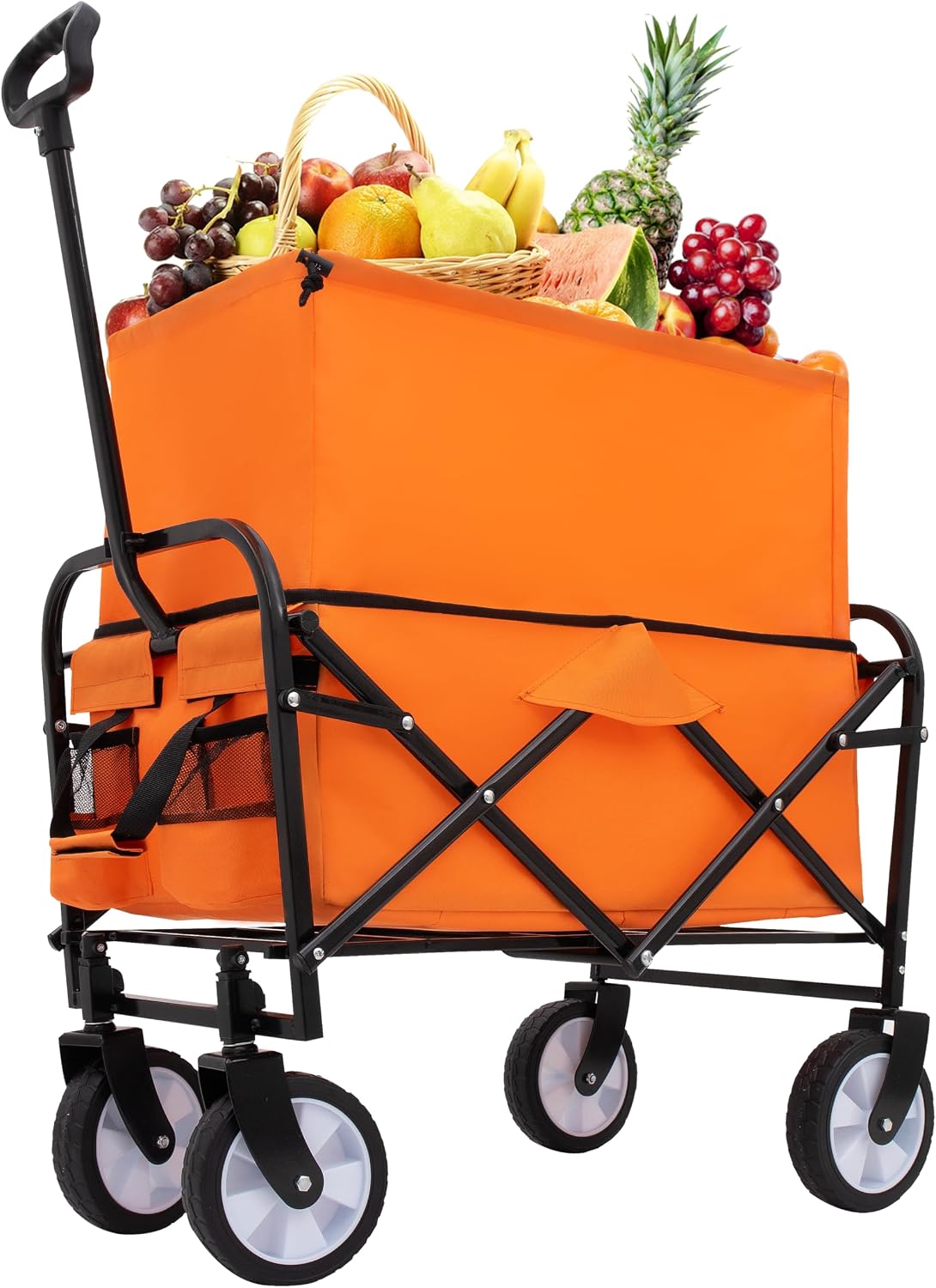 3-in-1 Convertible Folding Wagon Cart with Bench Seat & Storage, 500lb Capacity Heavy-Duty Utility Cart, 180L All-Terrain Wagon for Camping, Beach, Garden (Orange)