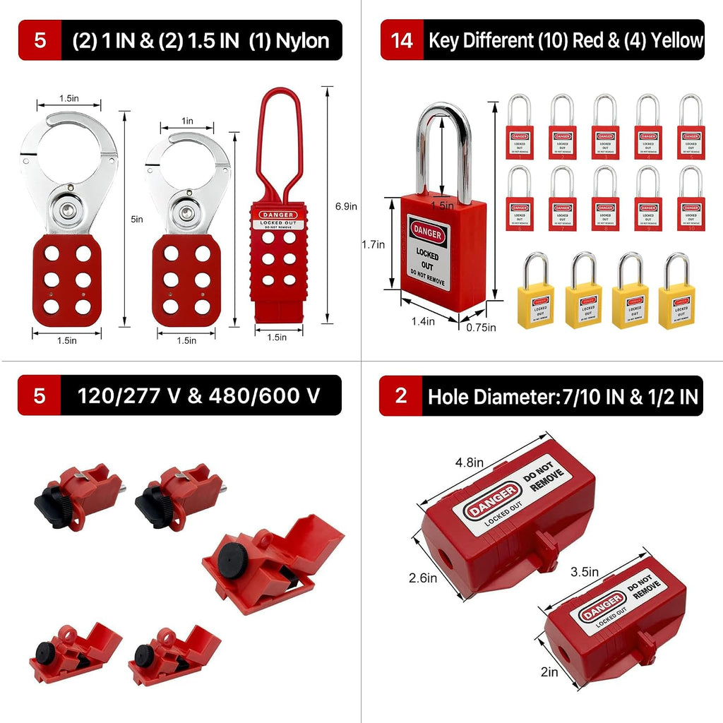 Lockout Tagout Station Safety Kit Electrical Loto Devices - OSHA Compliant Industrial Organizer | 14 Safety Locks, 2 Plug Locks, 5 Hasps, 40 Tags and Ties, 5 Circuit Breaker Lockouts - OSHA Compliance